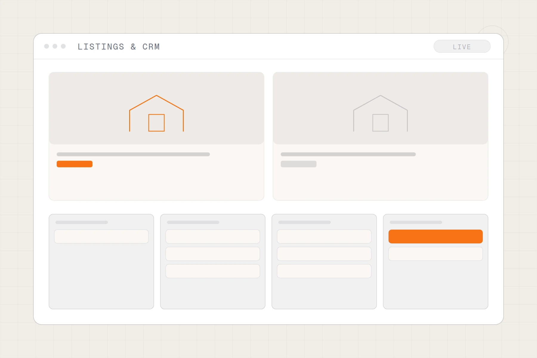 Schematic of a listing platform: property cards above a deal pipeline