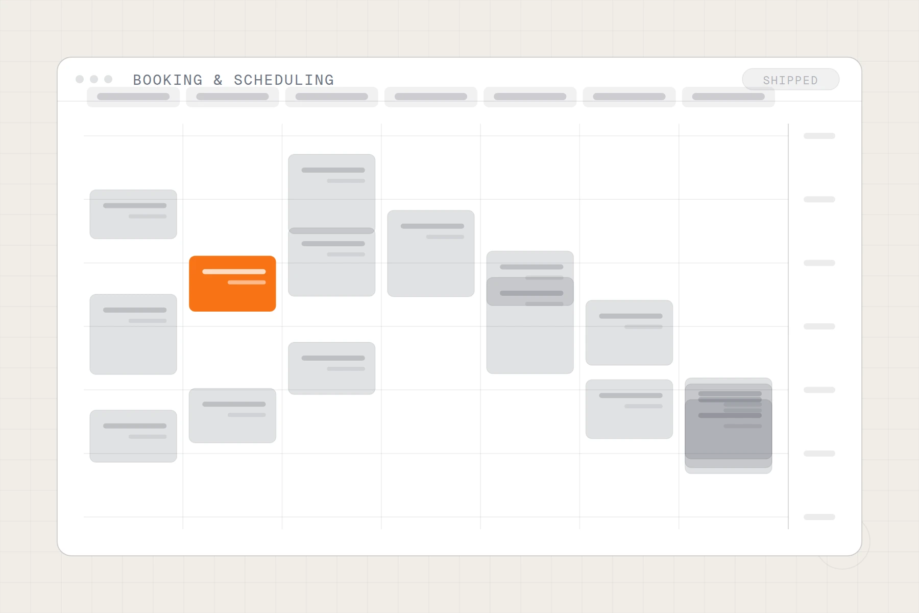 Schematic of a booking calendar: week columns with appointment slots, one slot held
