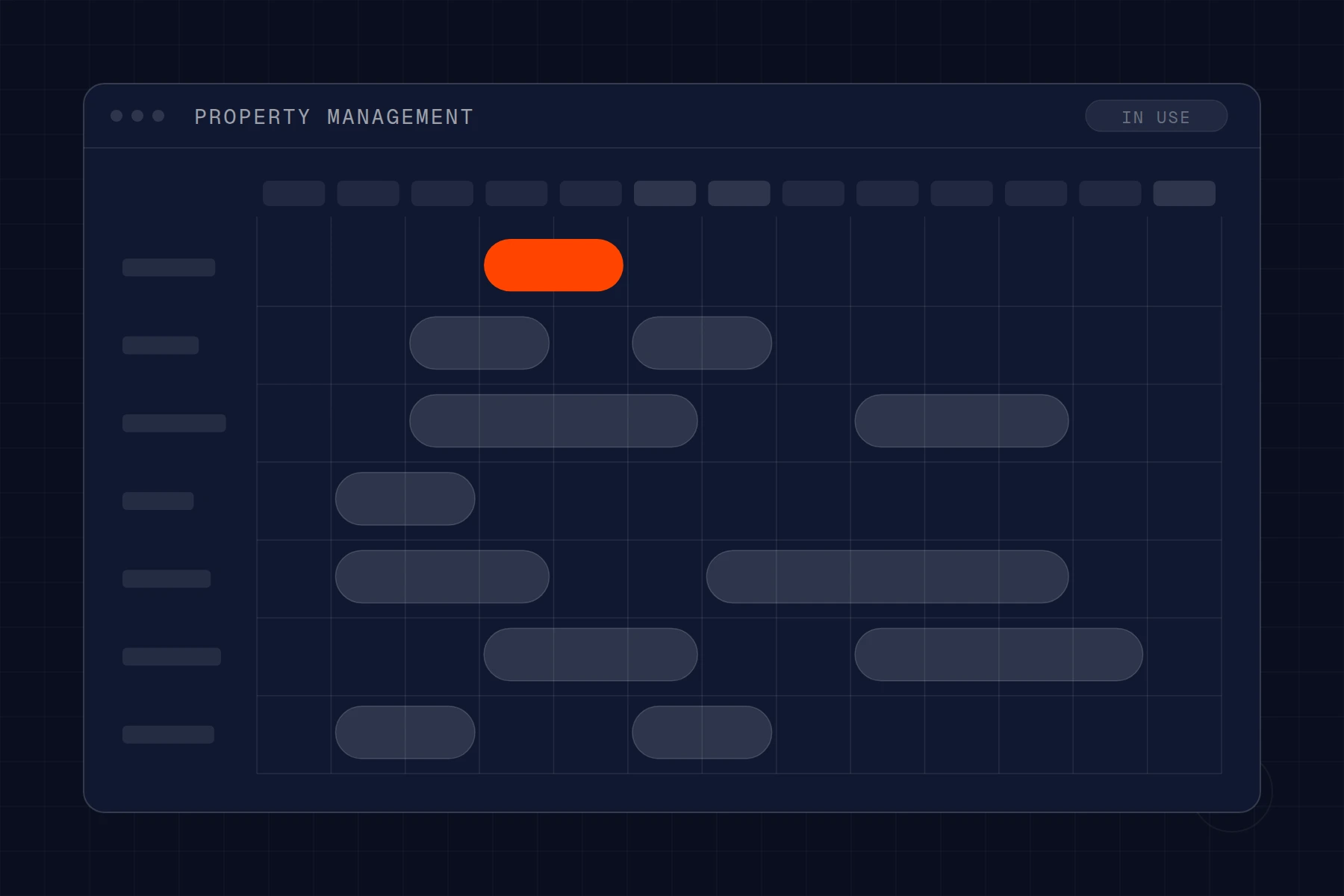 Schematic of a property management system: room rows against a strip of nights, reservations spanning dates