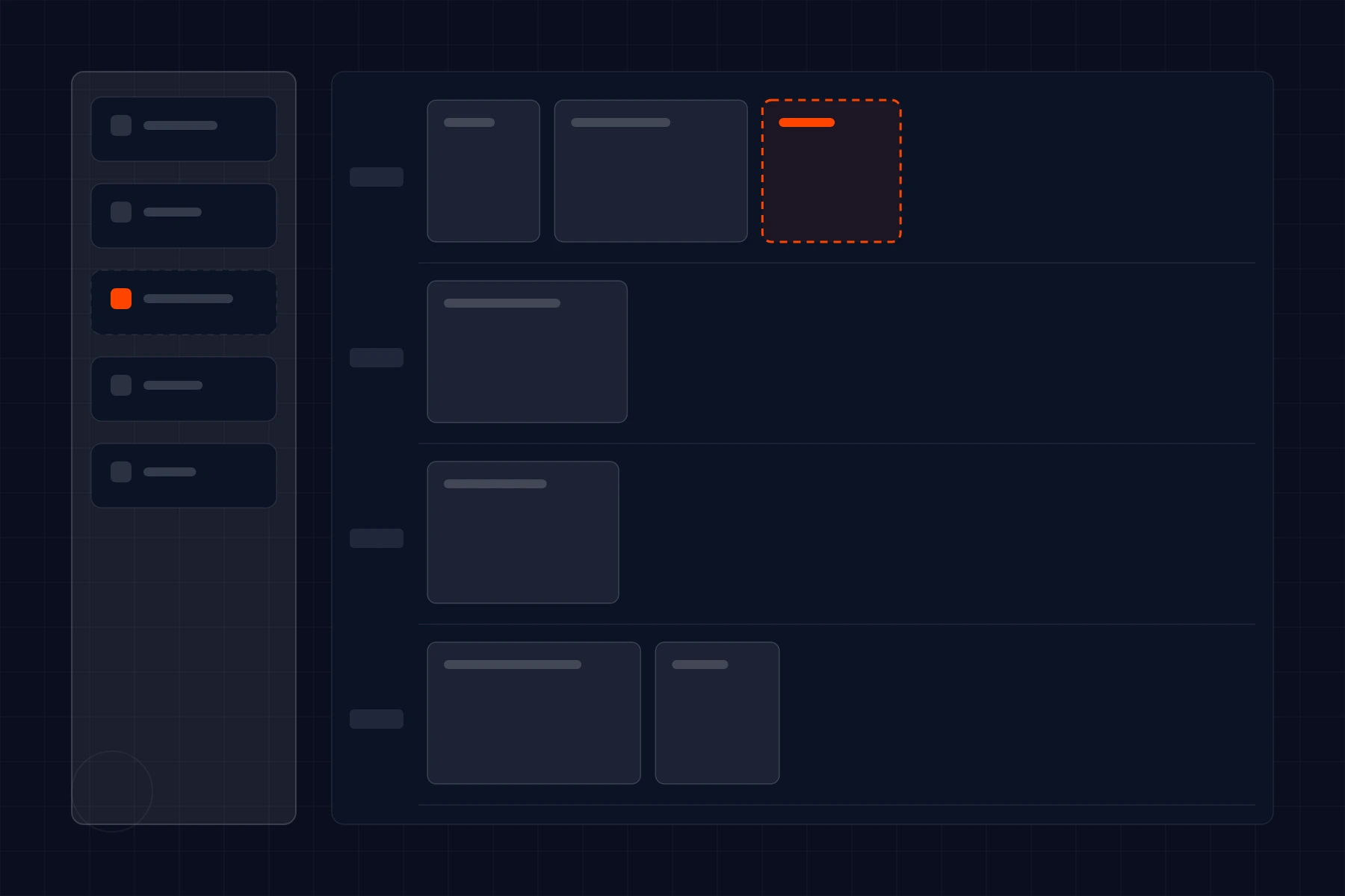 Schematic of a builder canvas: blocks dragged from a palette onto a day-by-day timeline