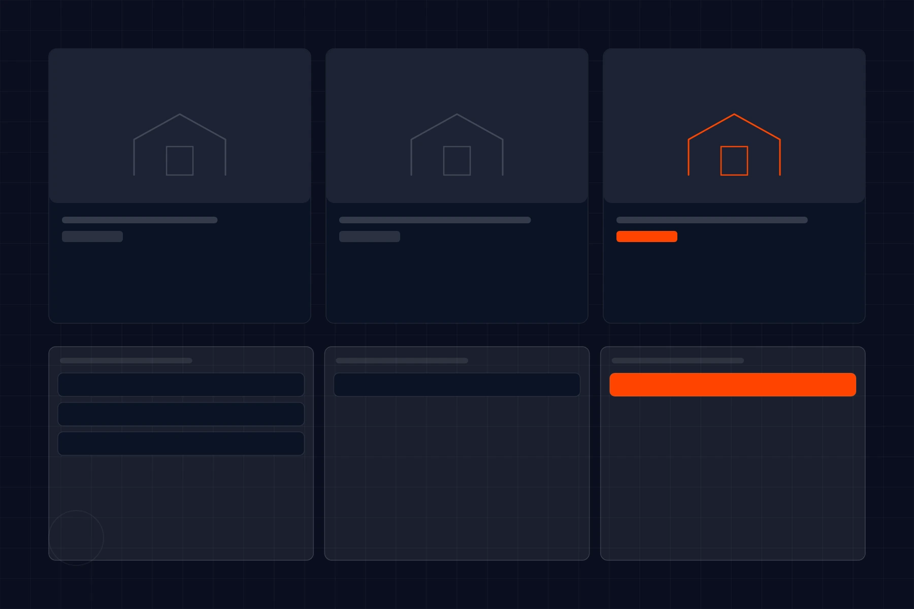 Schematic of a listing platform: property cards above a deal pipeline