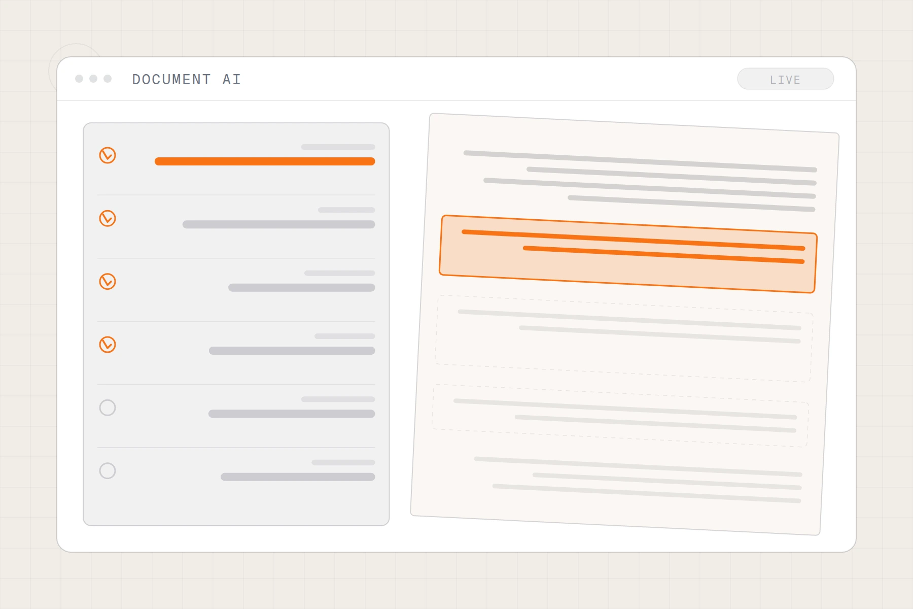Schematic of document extraction: a page with highlighted clauses beside the fields pulled out of it