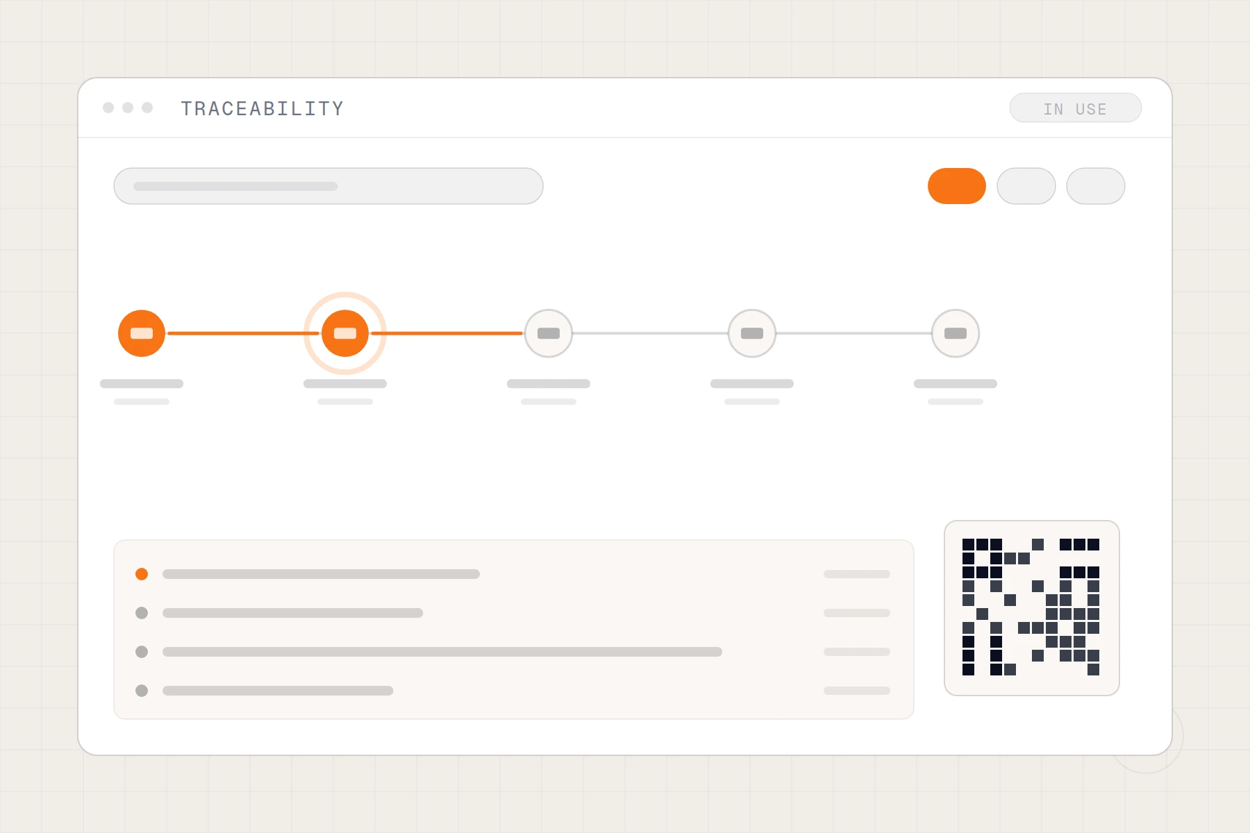 Schematic of a traceability chain: lot moving through handover points beside a scan code