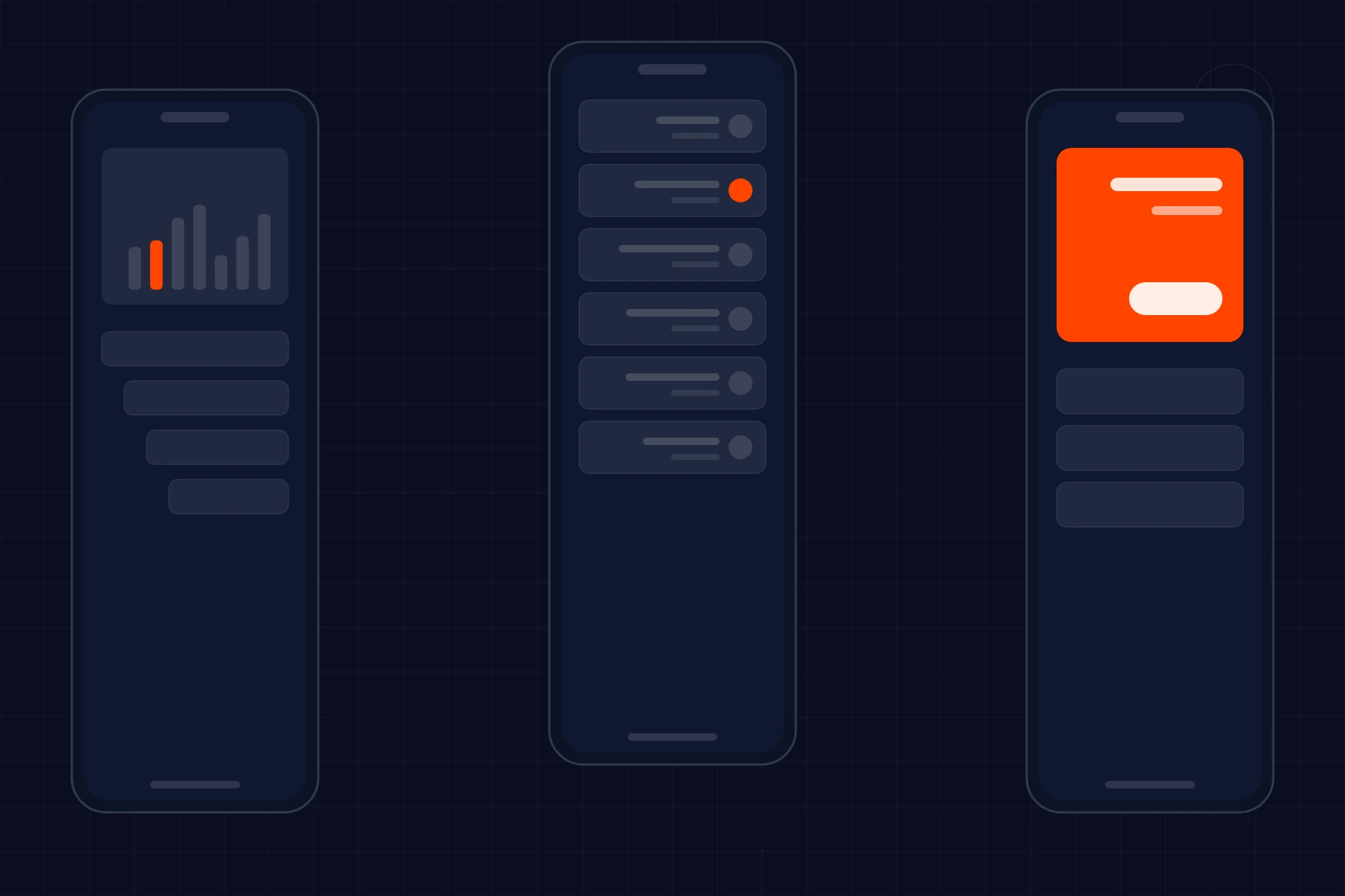 Schematic of a mobile app: three phone screens showing a list, a chart and a card