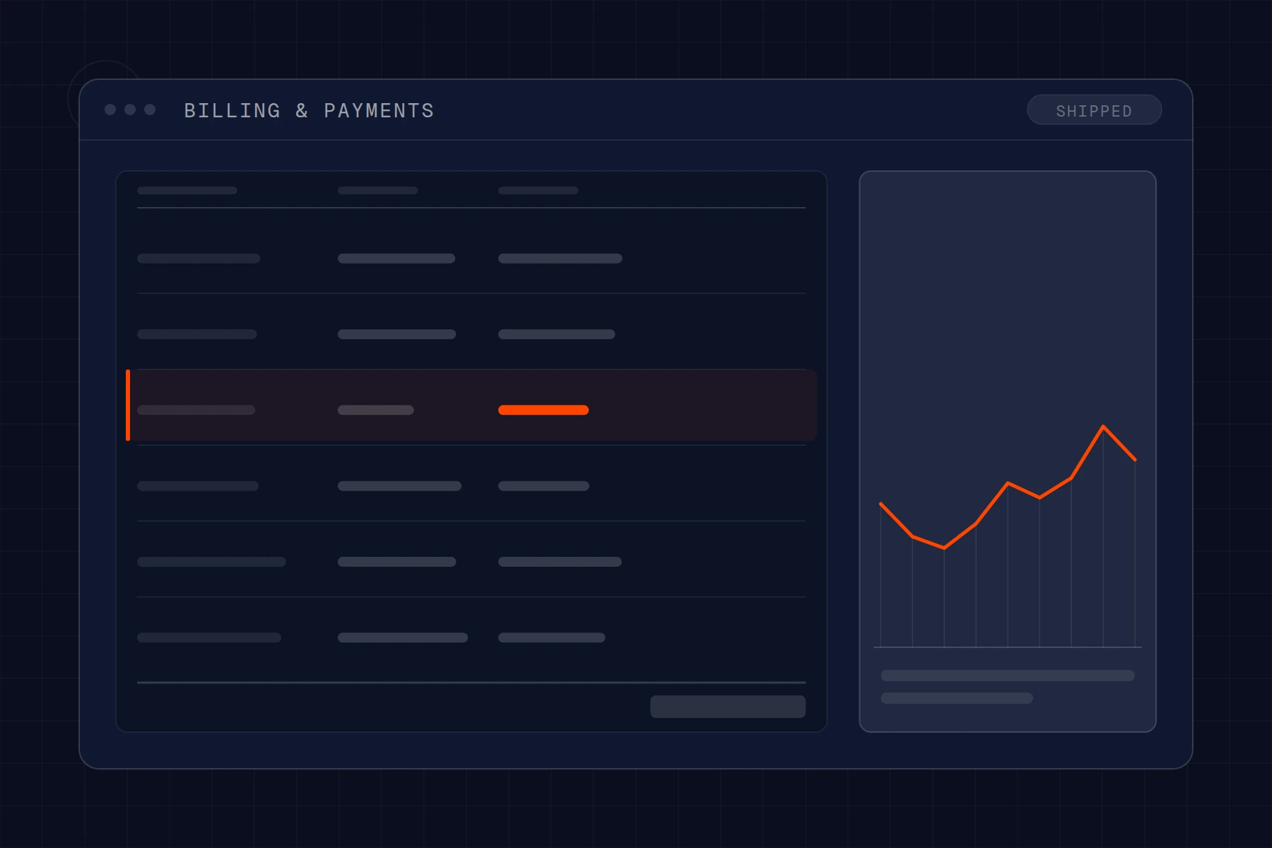 Schematic of a billing ledger: posted rows with debit and credit columns and a running balance