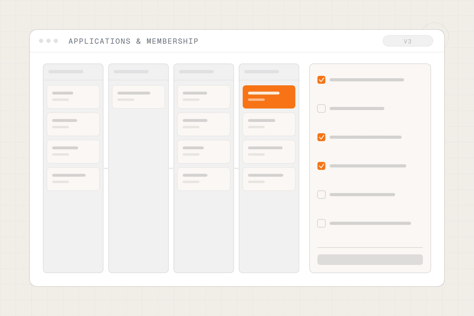 Schematic of an applications pipeline: submissions moving through review gates beside a scoring checklist