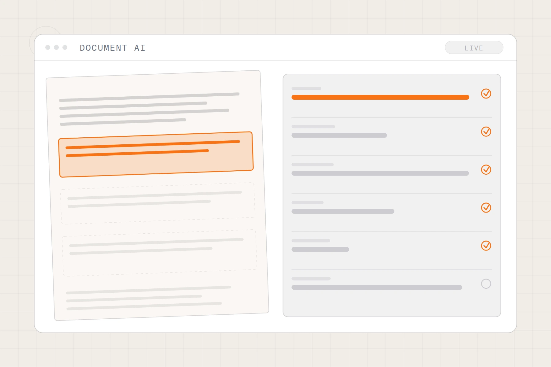 Schematic of document extraction: a page with highlighted clauses beside the fields pulled out of it