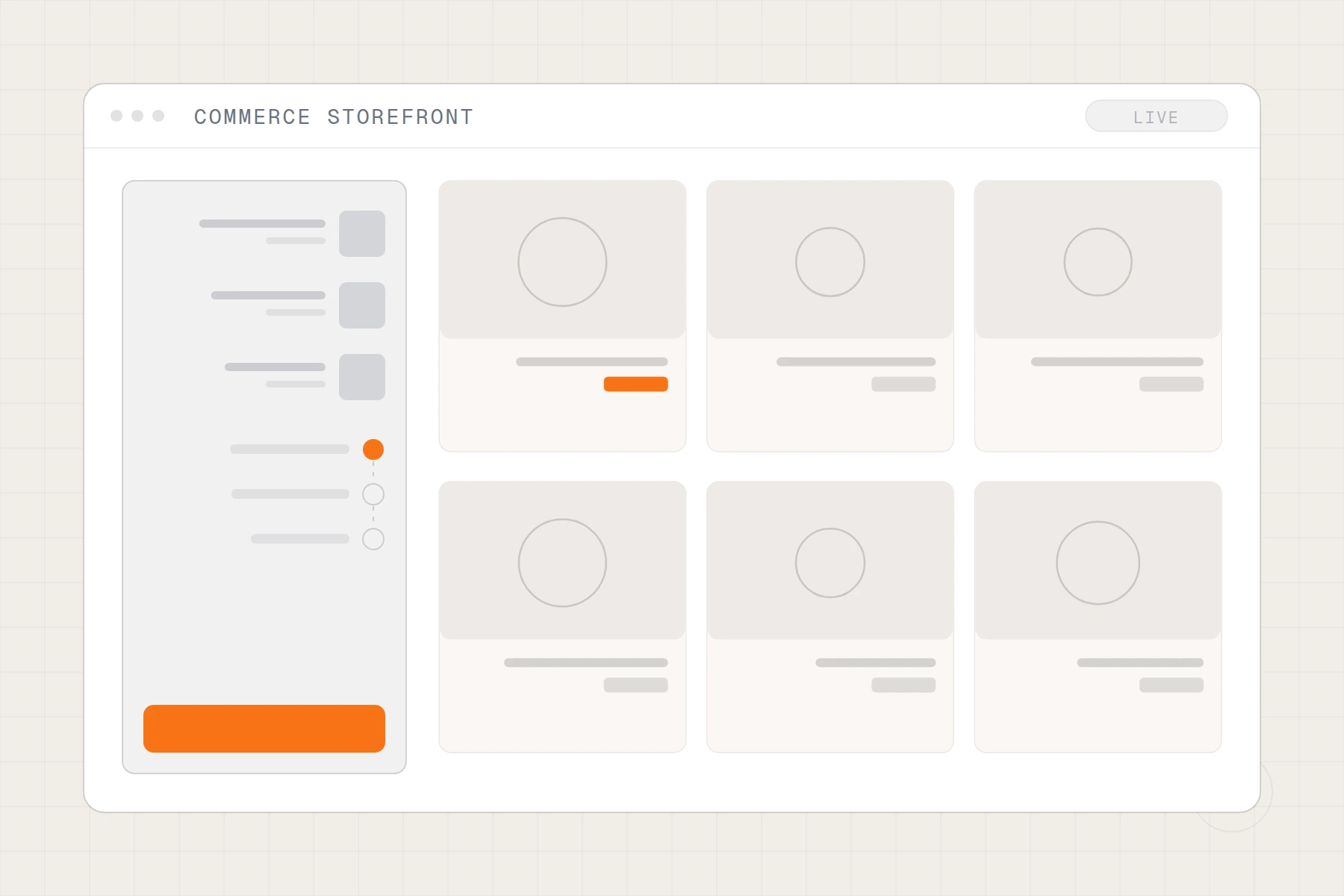 Schematic of an online store: product grid beside a cart and checkout steps