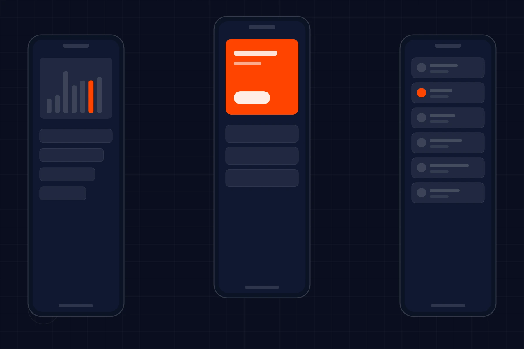 Schematic of a mobile app: three phone screens showing a list, a chart and a card