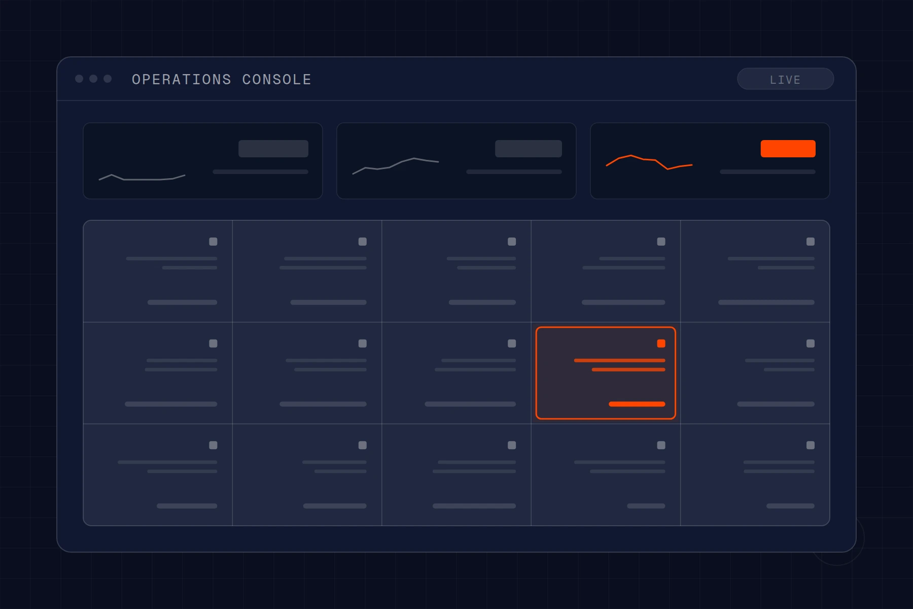 Schematic of an operations console: module grid with finance, procurement and project tiles