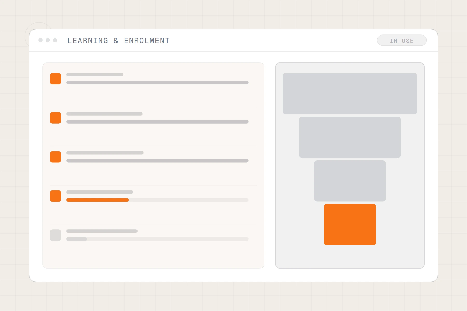 Schematic of a learning platform: course modules with progress bars beside an enrolment funnel