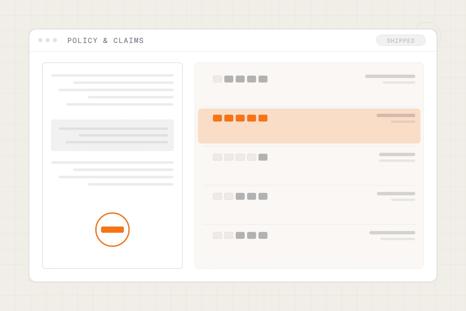 Schematic of claims triage: a queue of claims with risk meters beside a policy document