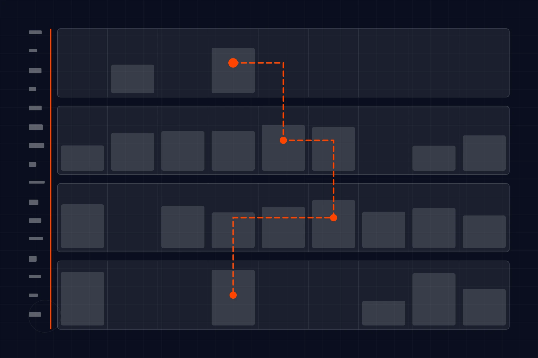 Schematic of a warehouse system: rack and bin grid with a pick path running through it