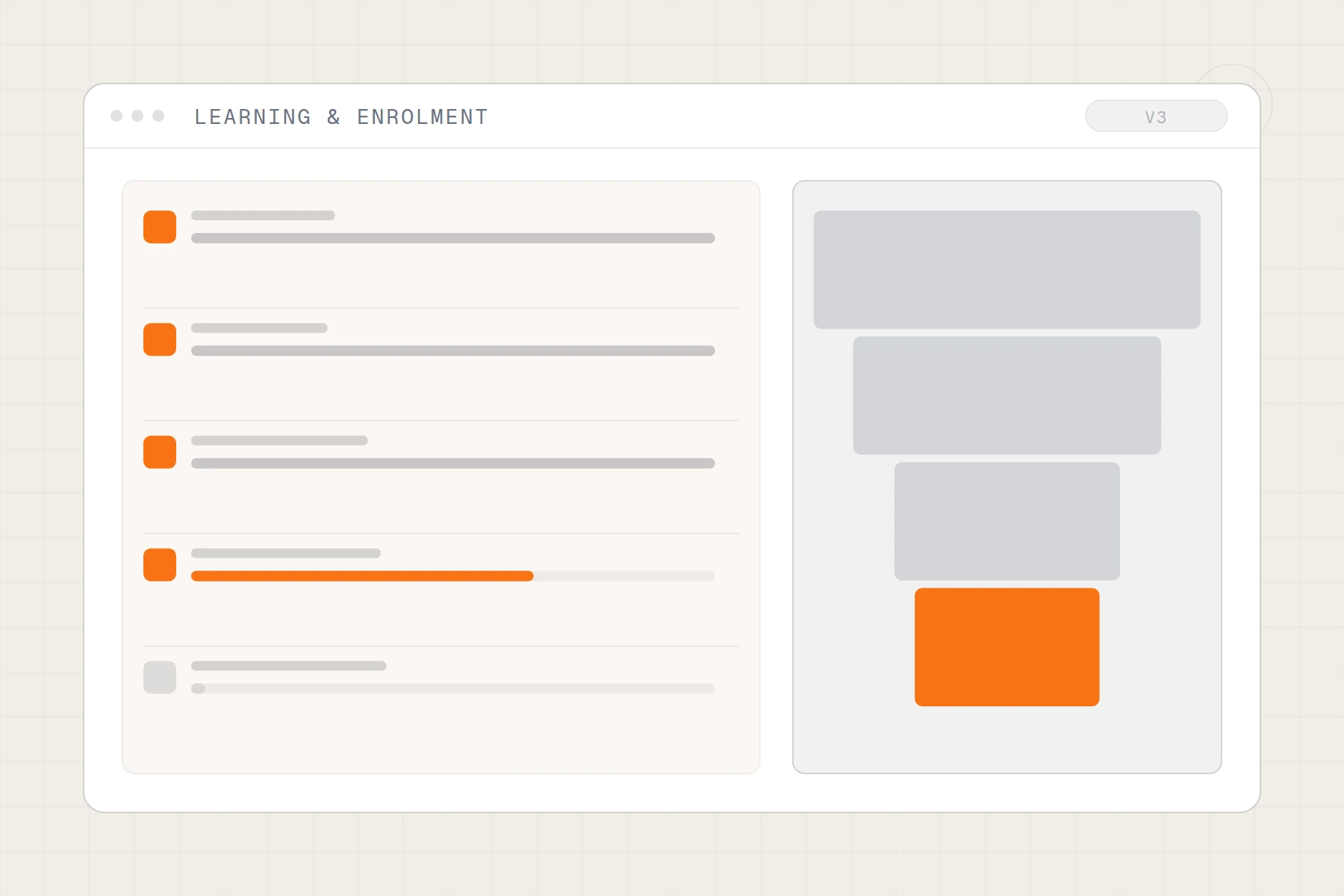 Schematic of a learning platform: course modules with progress bars beside an enrolment funnel