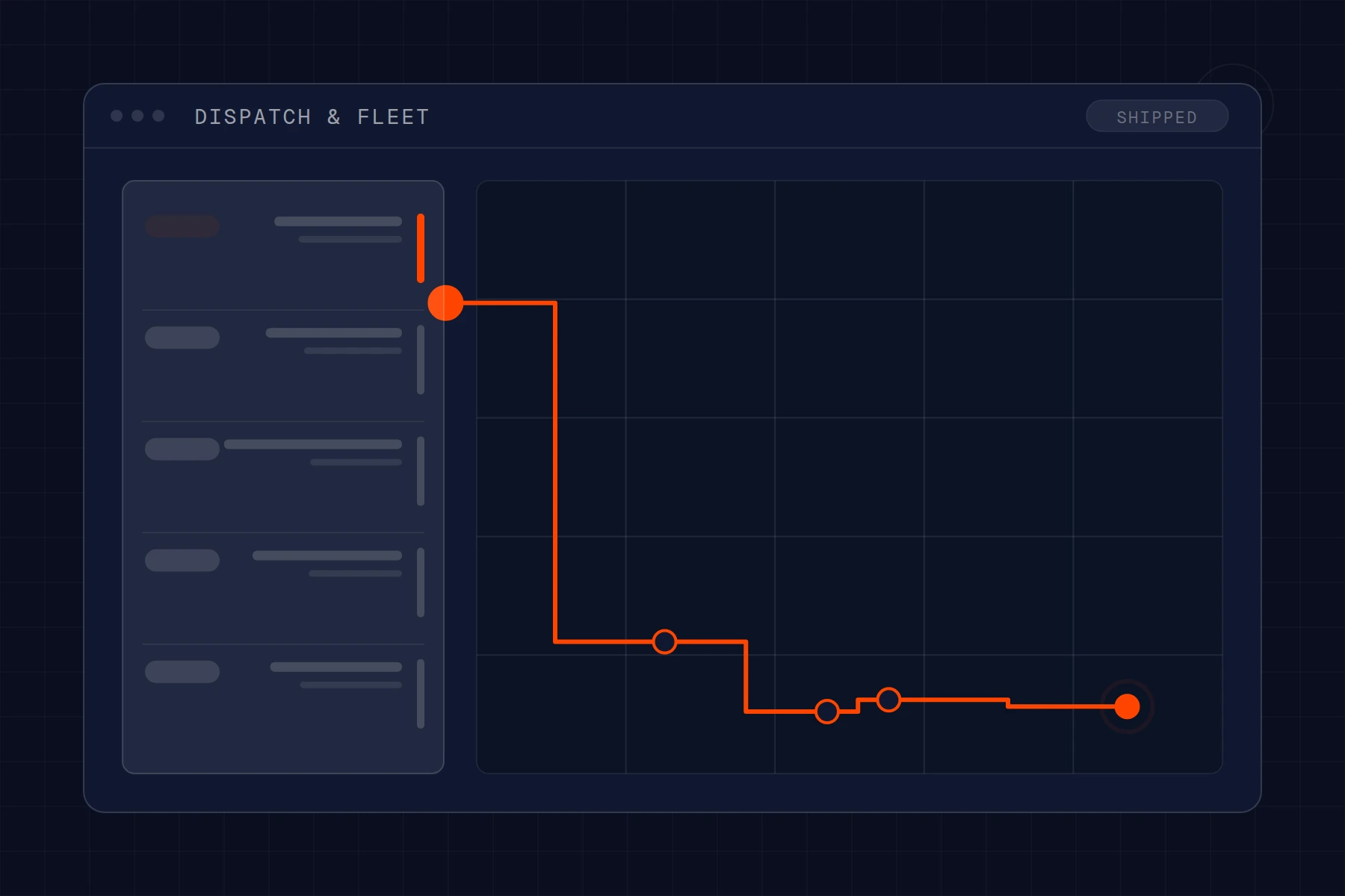 Schematic of a dispatch board: route line with stops beside a queue of jobs
