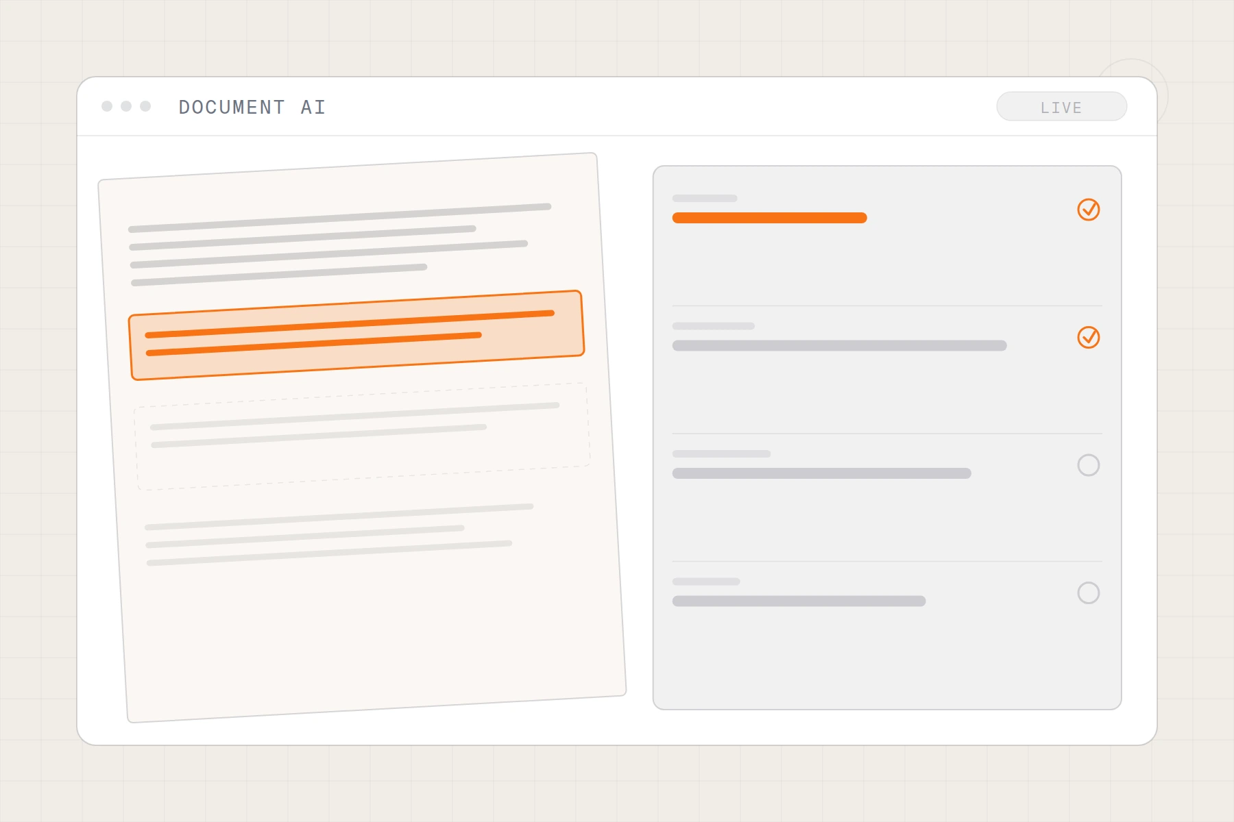 Schematic of document extraction: a page with highlighted clauses beside the fields pulled out of it
