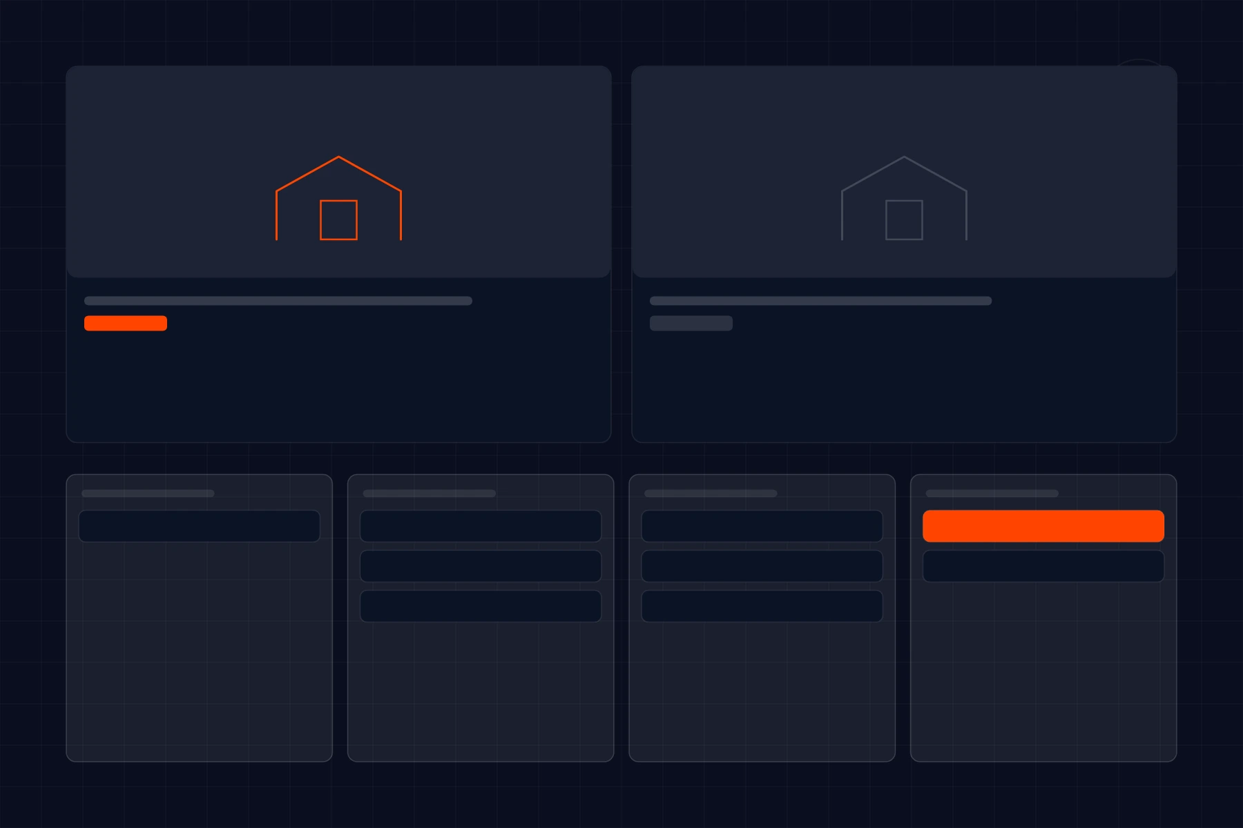 Schematic of a listing platform: property cards above a deal pipeline