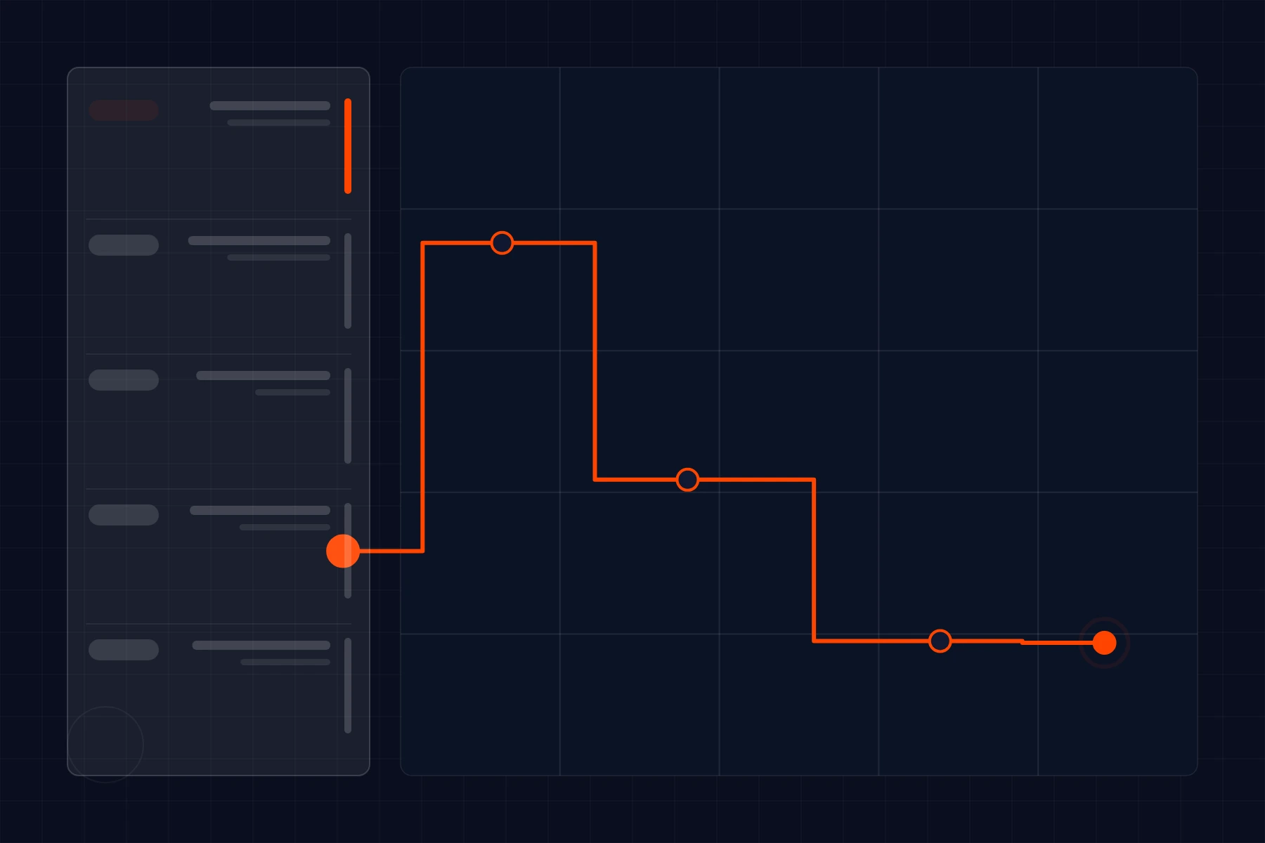 Schematic of a dispatch board: route line with stops beside a queue of jobs