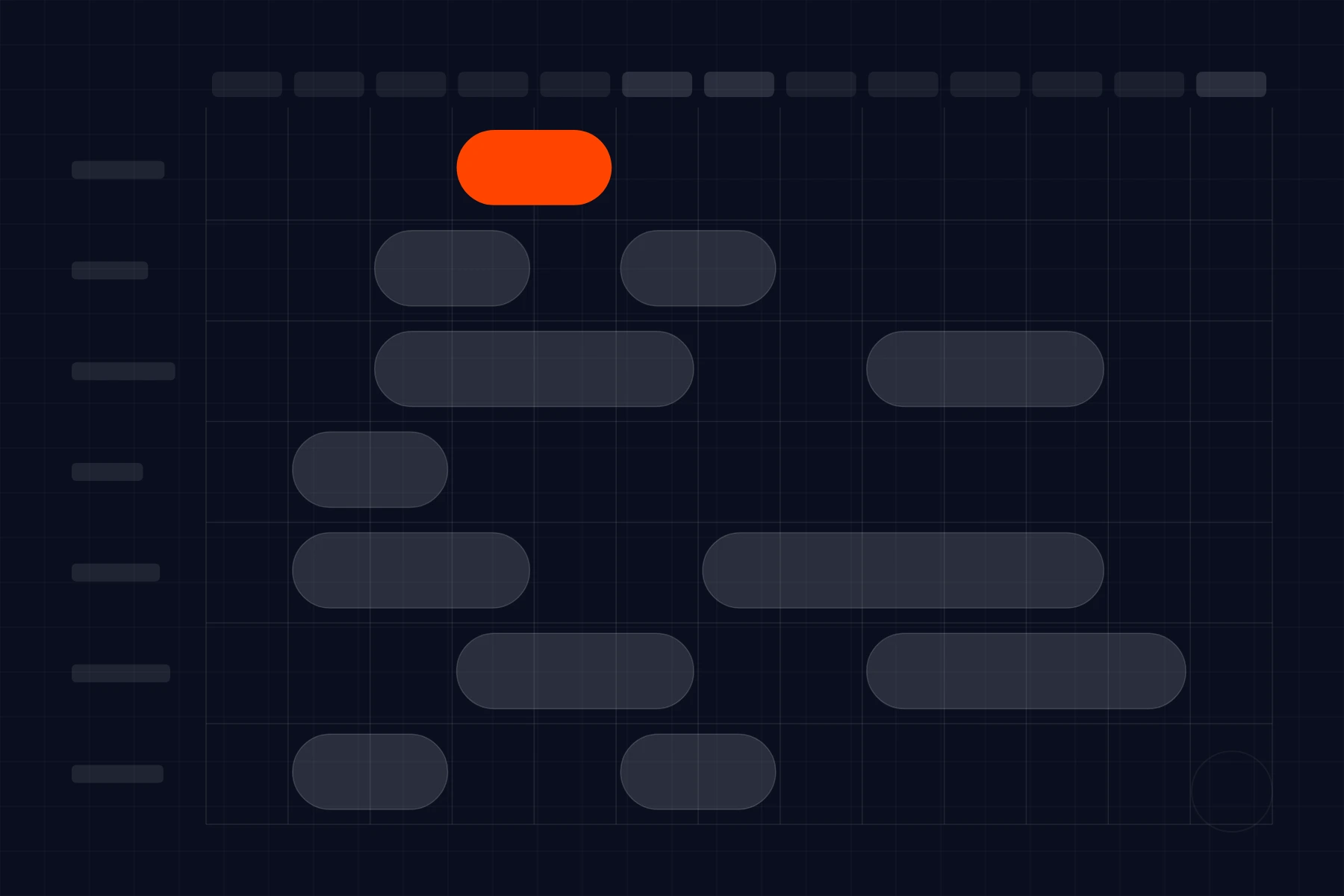 Schematic of a property management system: room rows against a strip of nights, reservations spanning dates