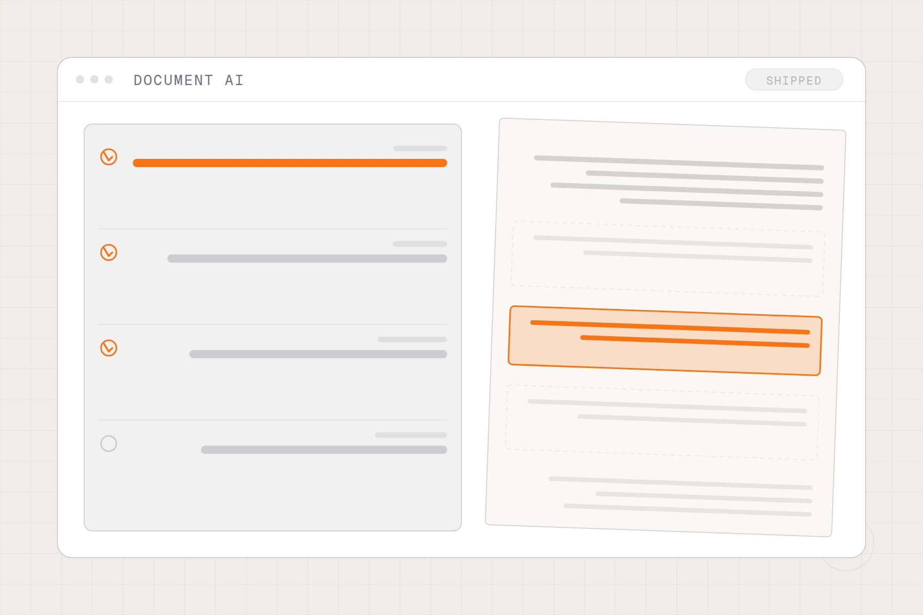 Schematic of document extraction: a page with highlighted clauses beside the fields pulled out of it
