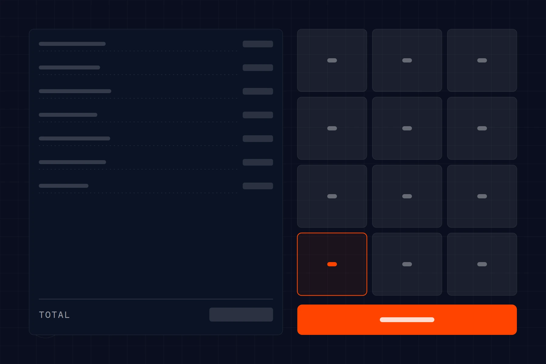 Schematic of a point-of-sale screen: order ticket beside a tender keypad
