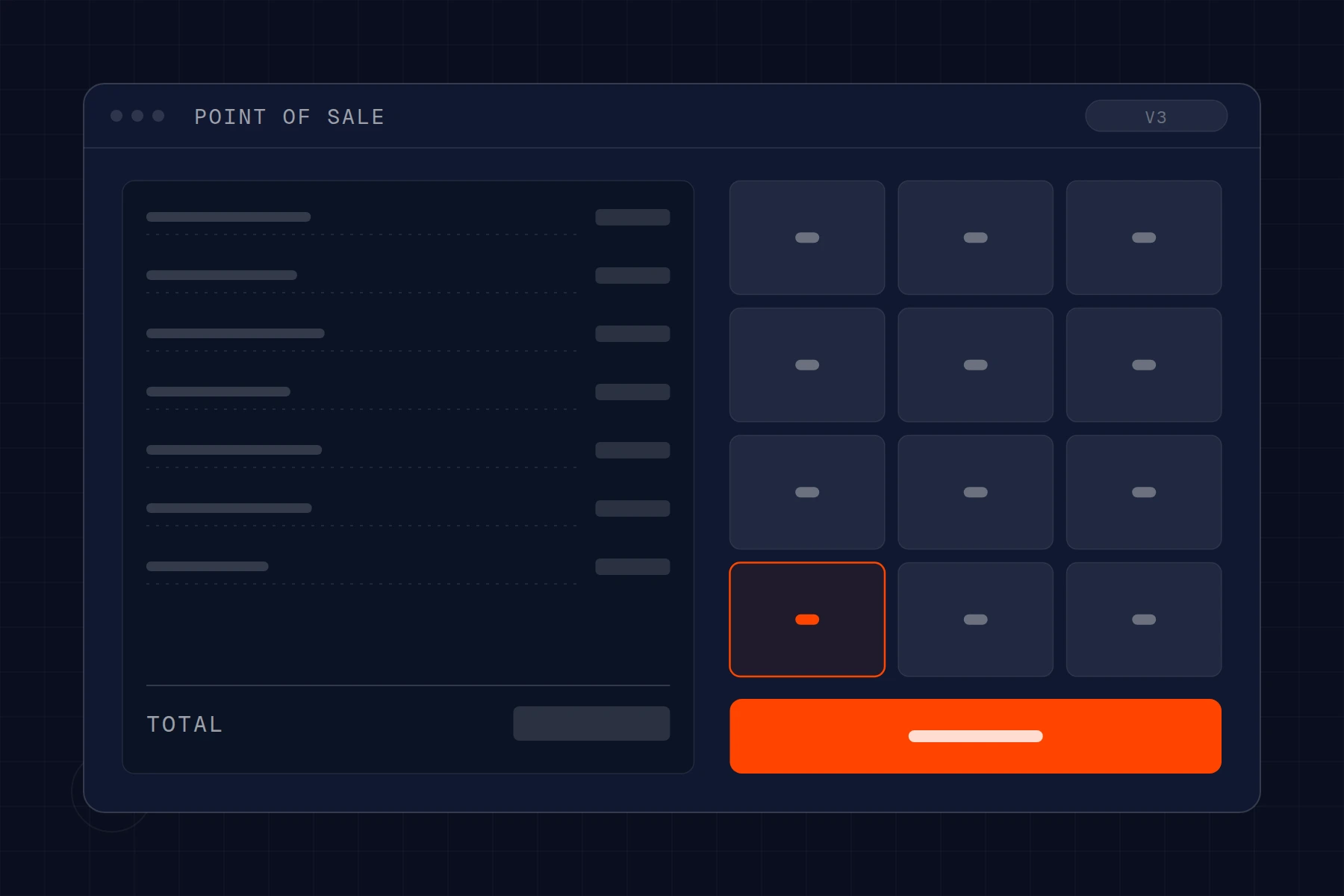 Schematic of a point-of-sale screen: order ticket beside a tender keypad