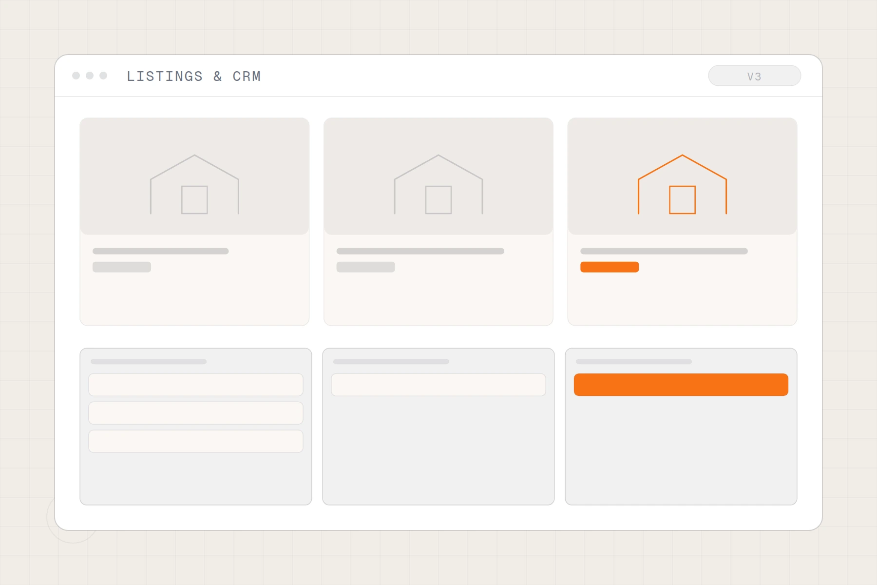 Schematic of a listing platform: property cards above a deal pipeline