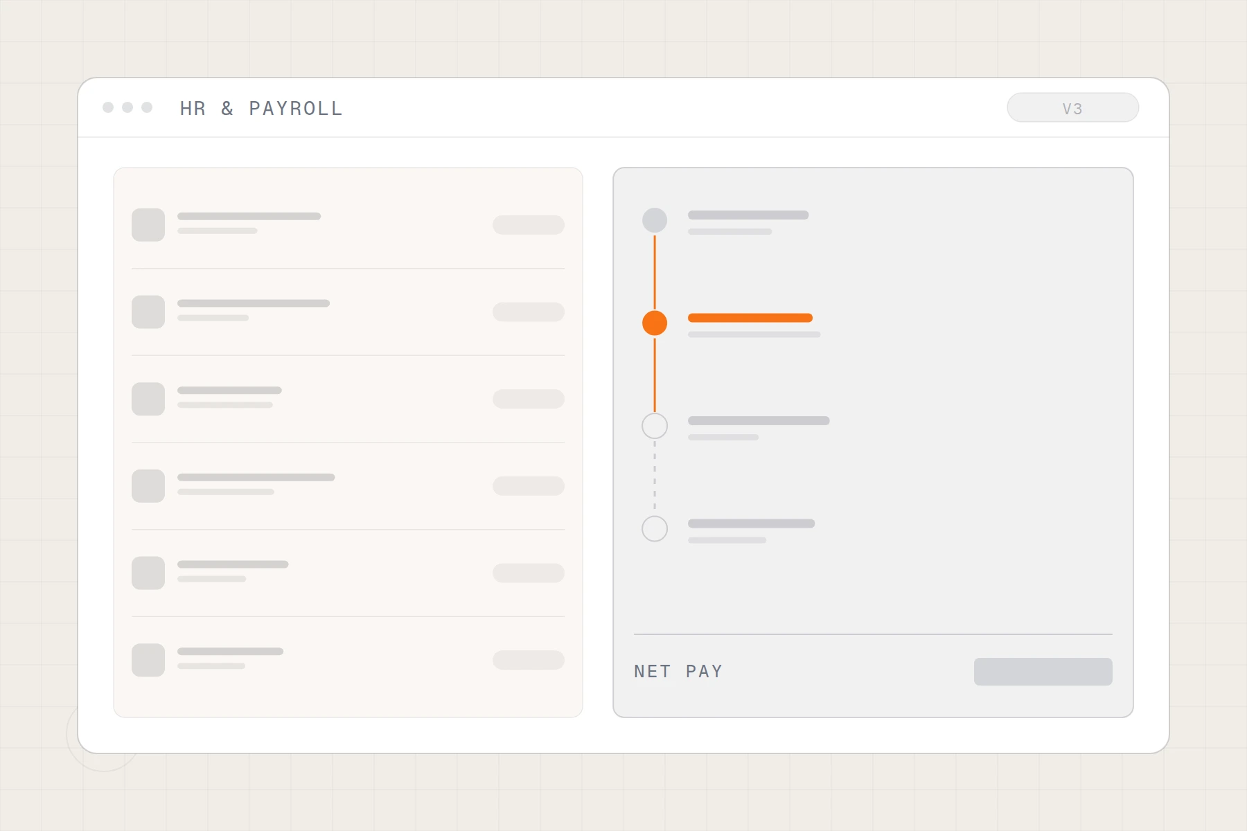 Schematic of a payroll platform: employee roster beside a pay-run approval stepper