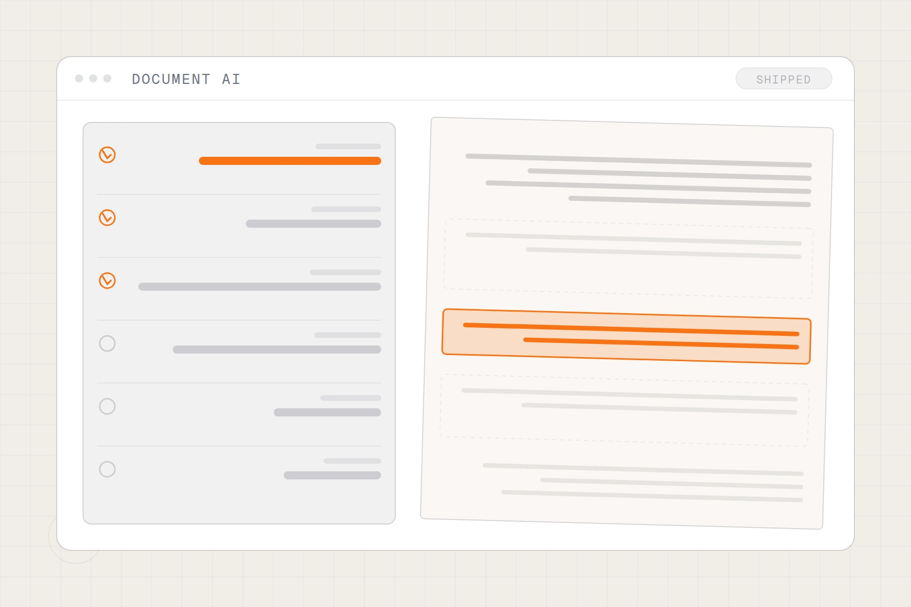 Schematic of document extraction: a page with highlighted clauses beside the fields pulled out of it