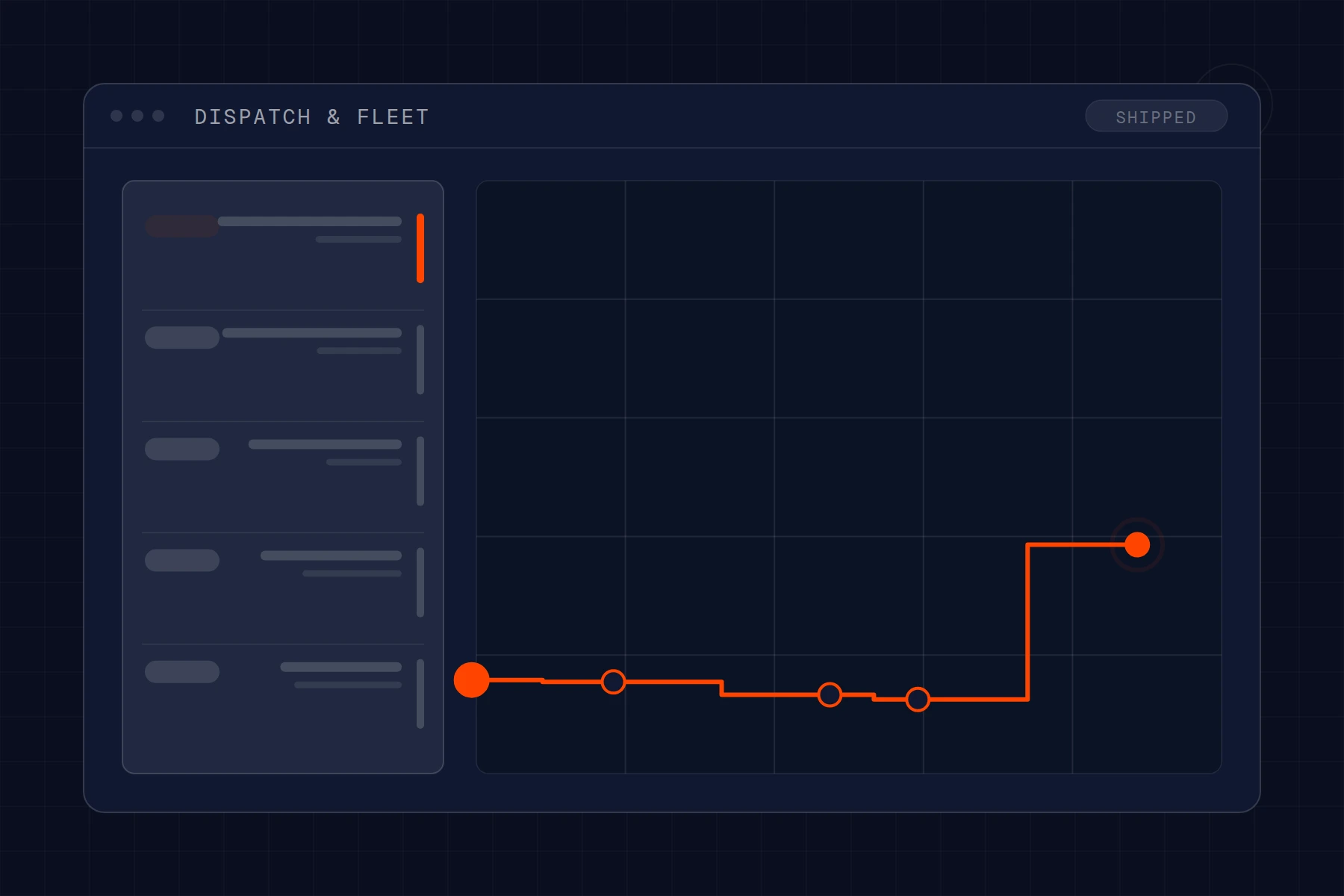 Schematic of a dispatch board: route line with stops beside a queue of jobs