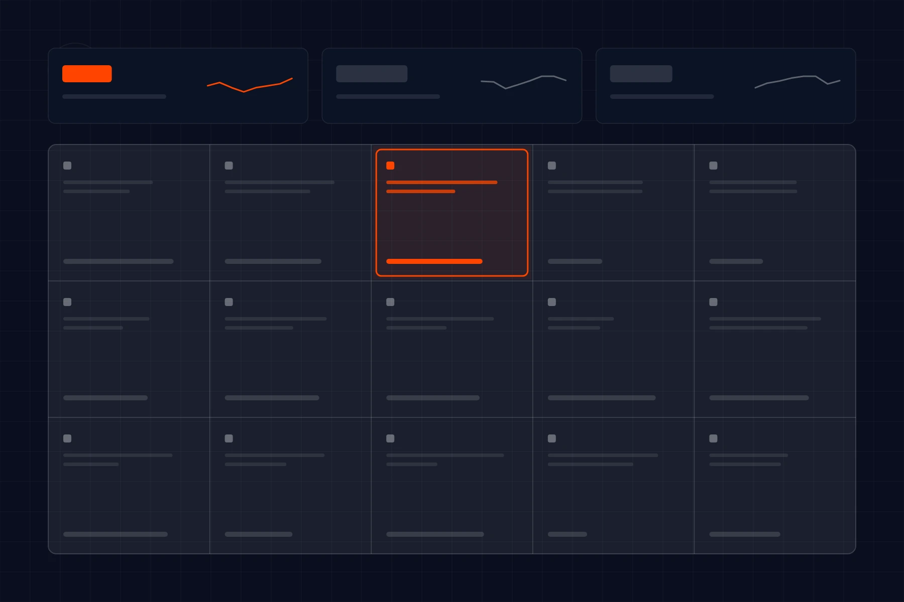 Schematic of an operations console: module grid with finance, procurement and project tiles