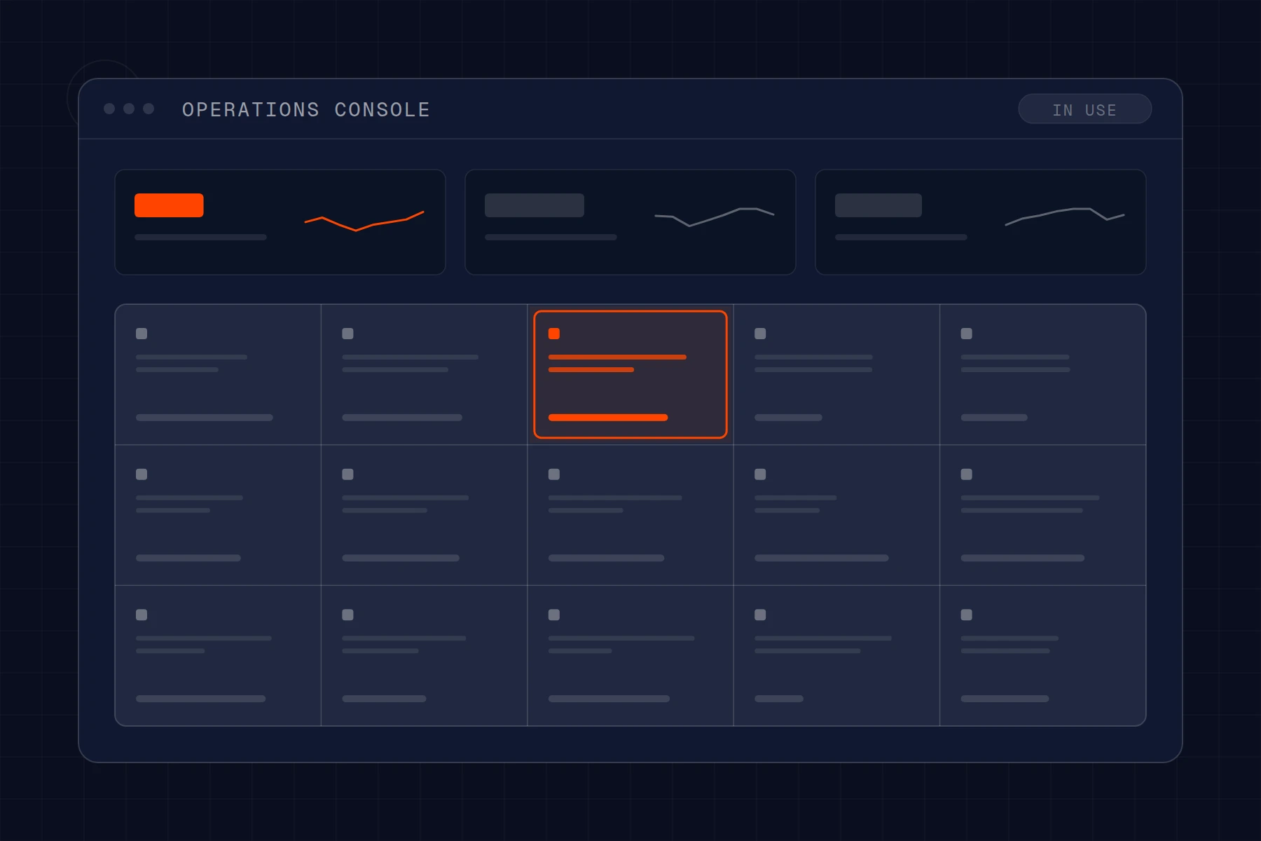 Schematic of an operations console: module grid with finance, procurement and project tiles