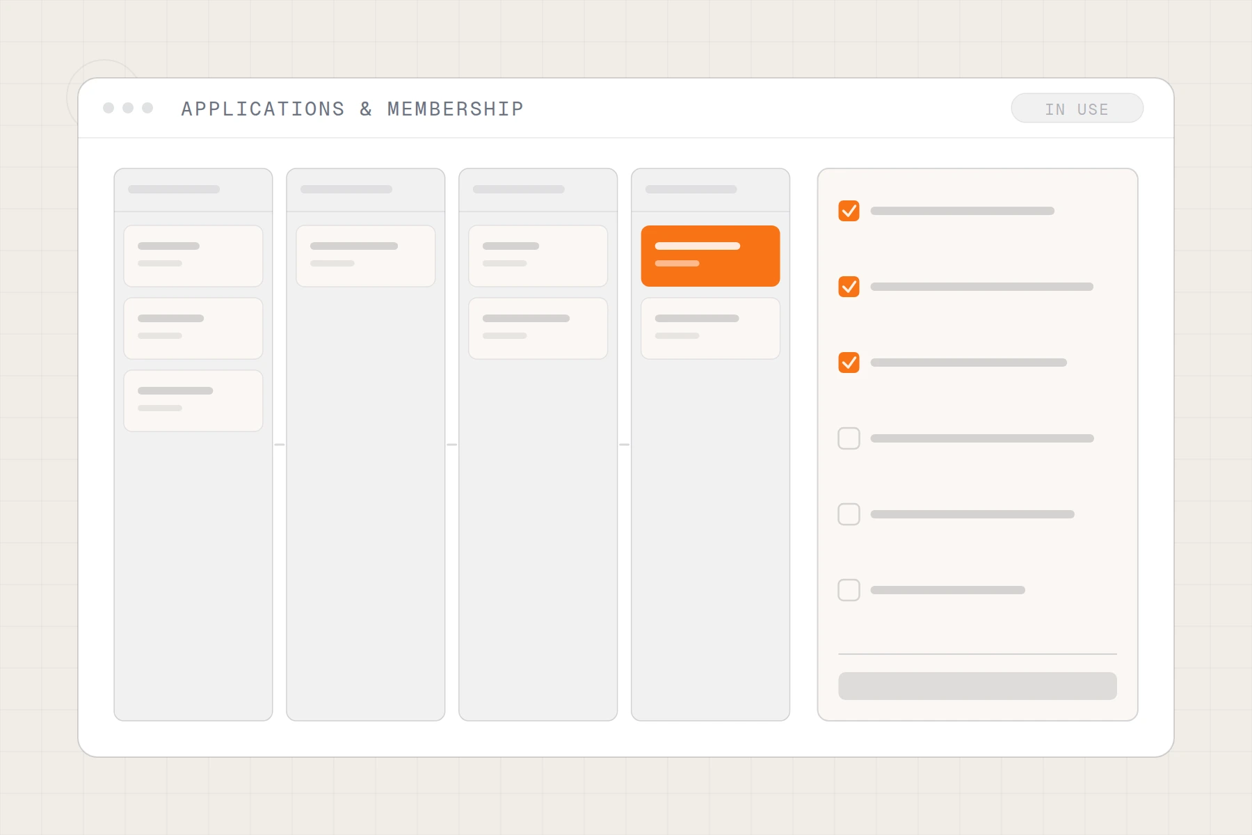Schematic of an applications pipeline: submissions moving through review gates beside a scoring checklist