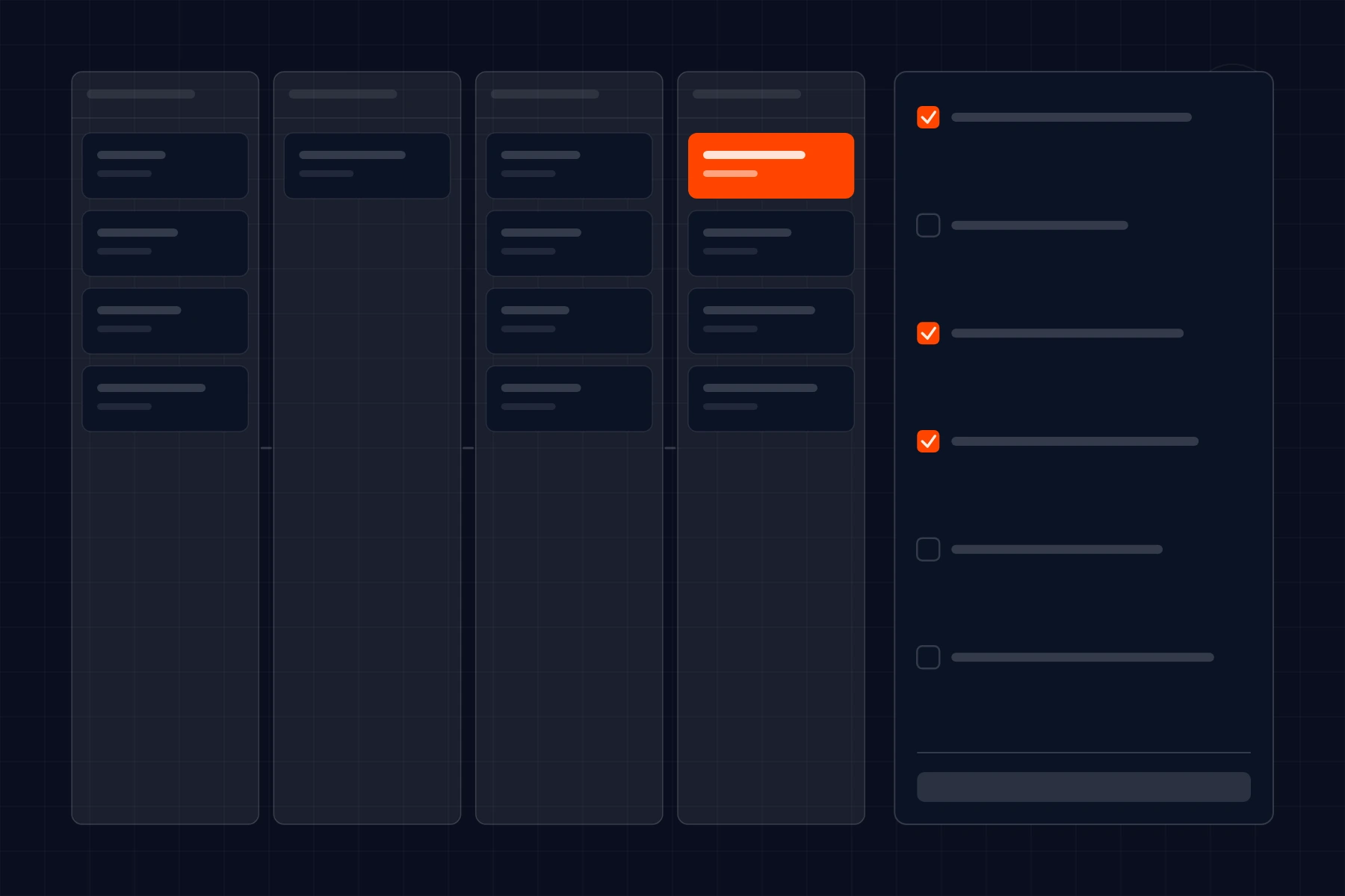 Schematic of an applications pipeline: submissions moving through review gates beside a scoring checklist