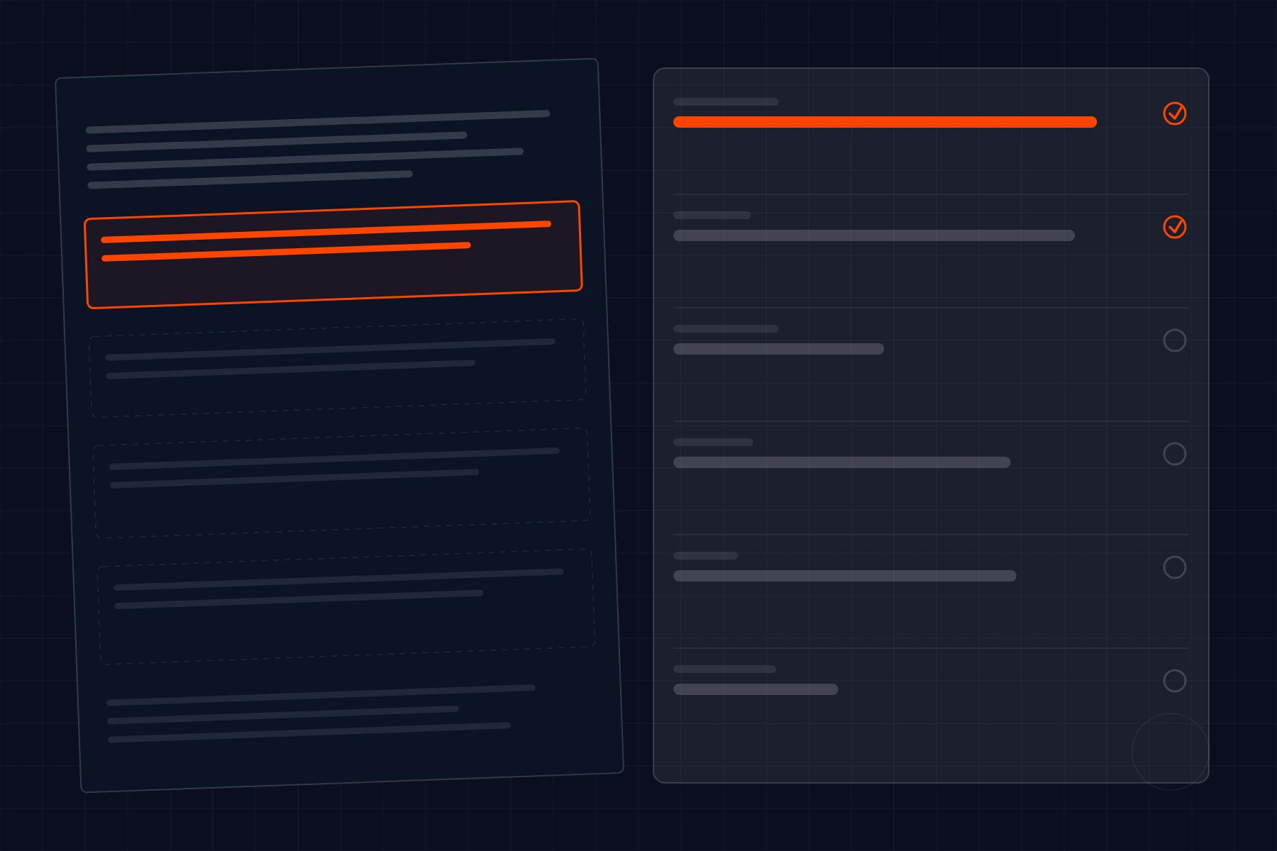 Schematic of document extraction: a page with highlighted clauses beside the fields pulled out of it