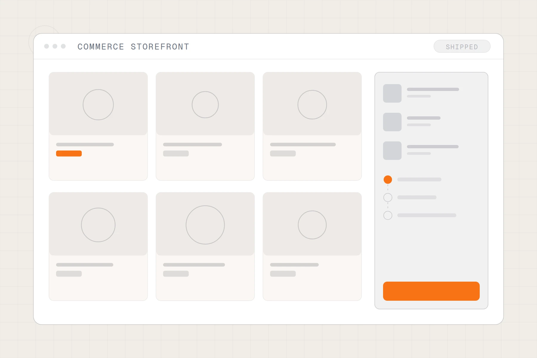 Schematic of an online store: product grid beside a cart and checkout steps