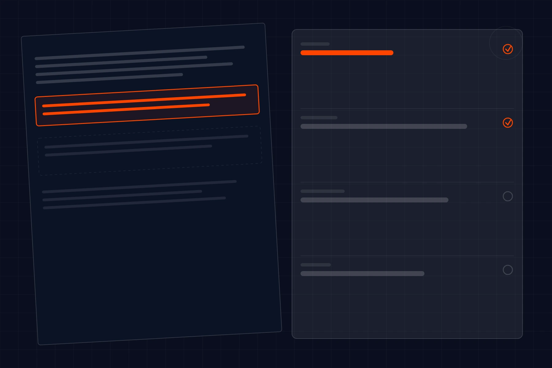 Schematic of document extraction: a page with highlighted clauses beside the fields pulled out of it