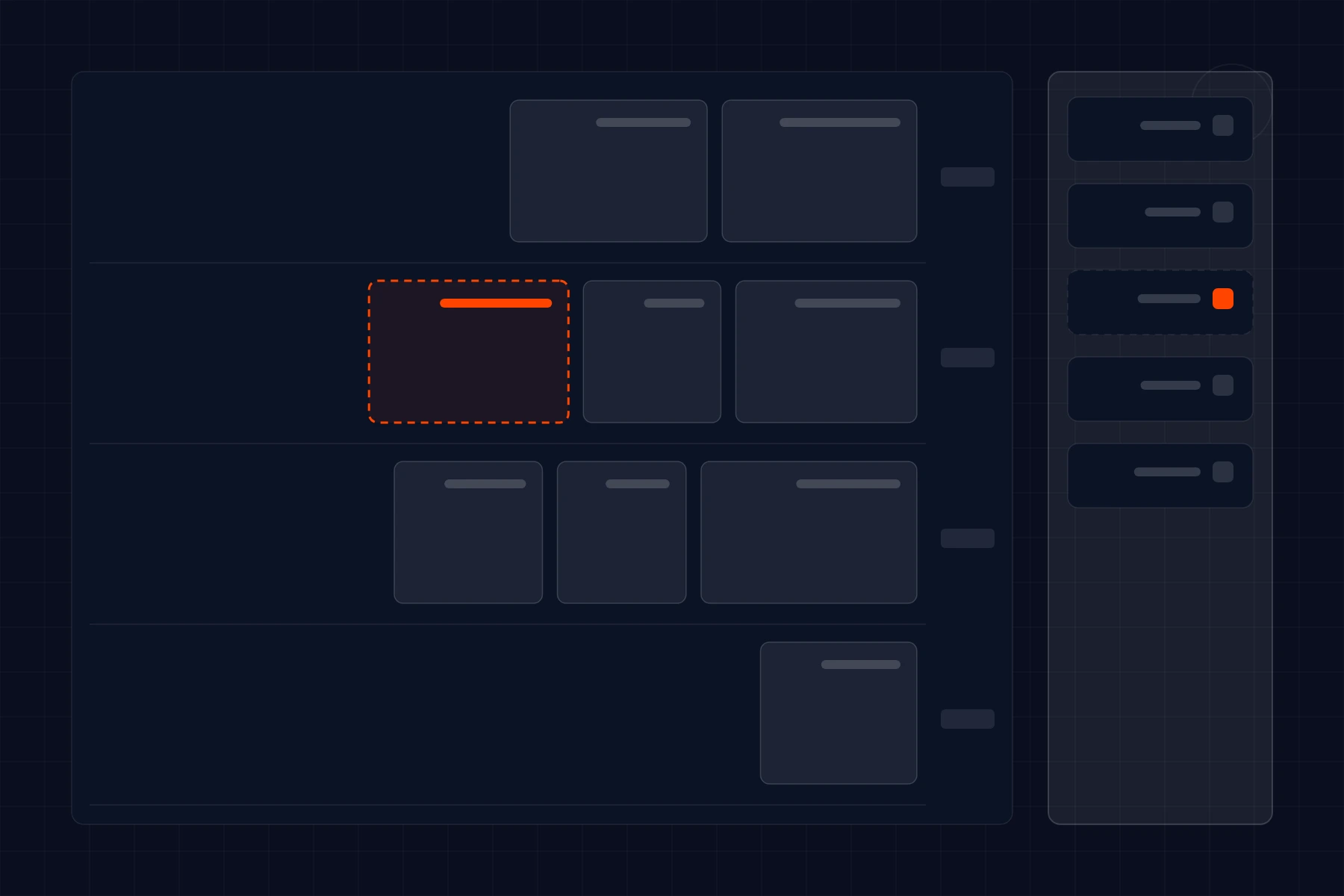 Schematic of a builder canvas: blocks dragged from a palette onto a day-by-day timeline
