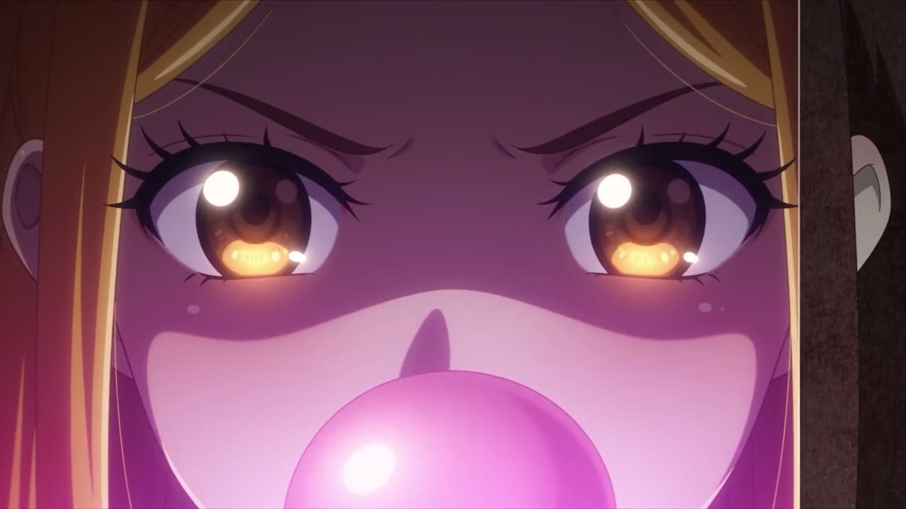 Anime close-up of a girl blowing a bubble, cutting to a car on a neon mountain highway at night