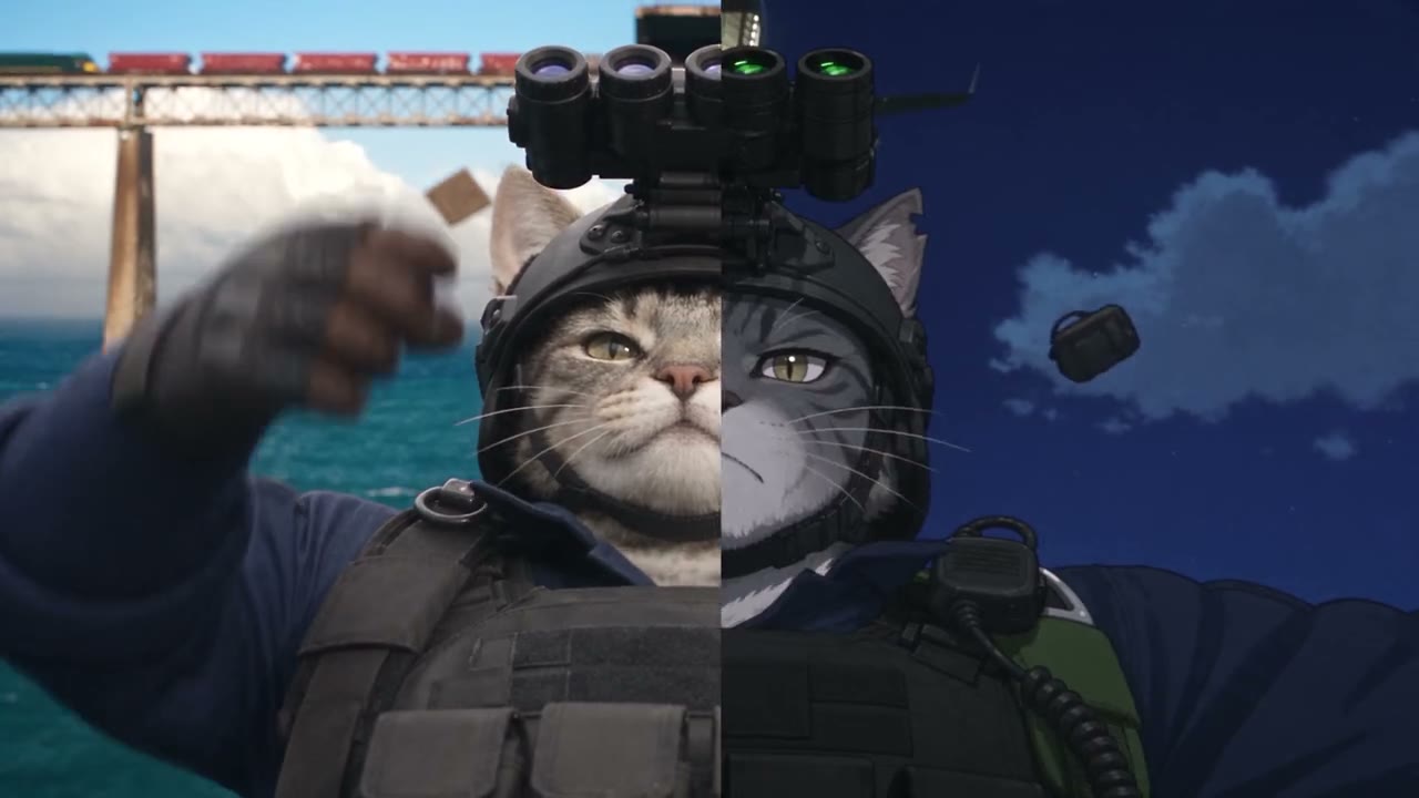 Anime-styled tactical cats in night-vision helmets aboard a military cargo plane before a high-altitude jump