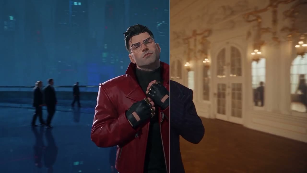 A stylized 3D character in a tailored suit in a gilded ballroom, then in a red leather jacket in a neon city