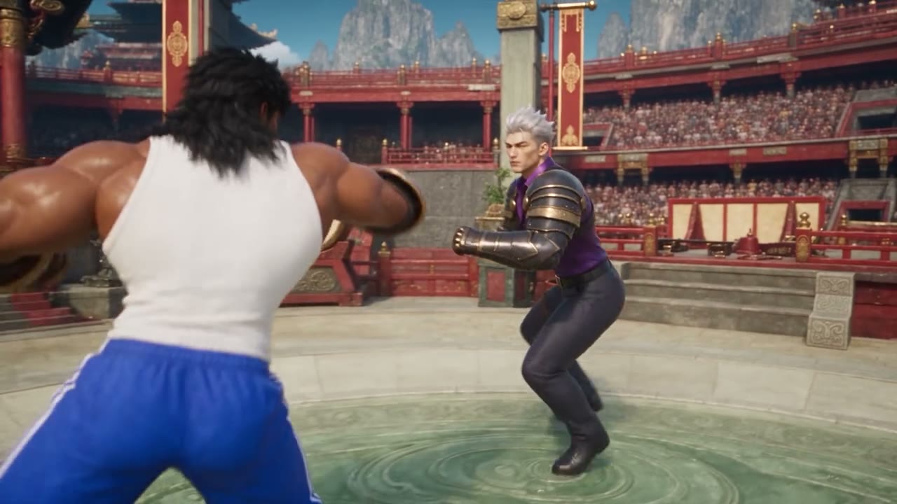 Martial artists sparring in a live-action dojo that becomes a stylized fighting-game arena