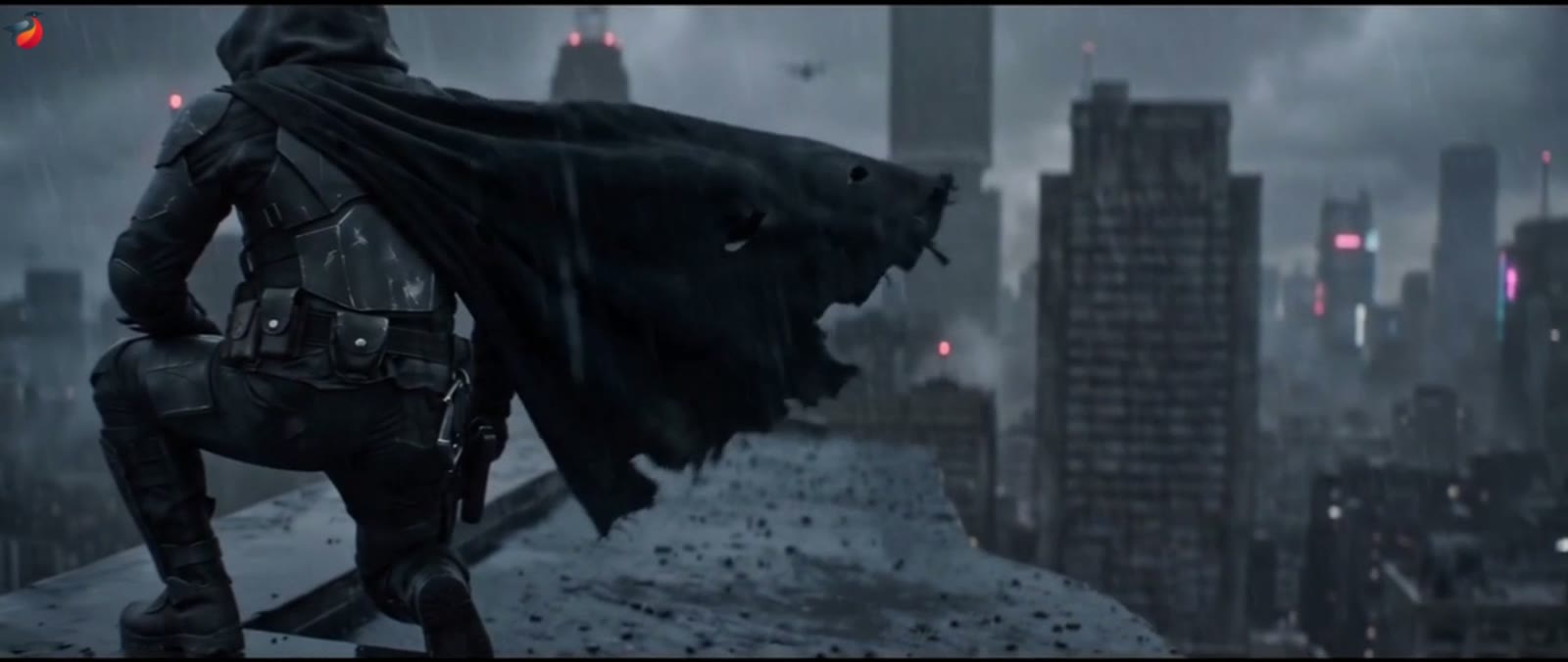 A caped, armoured vigilante crouched on a wet rooftop above a stormy city of towers and red beacons