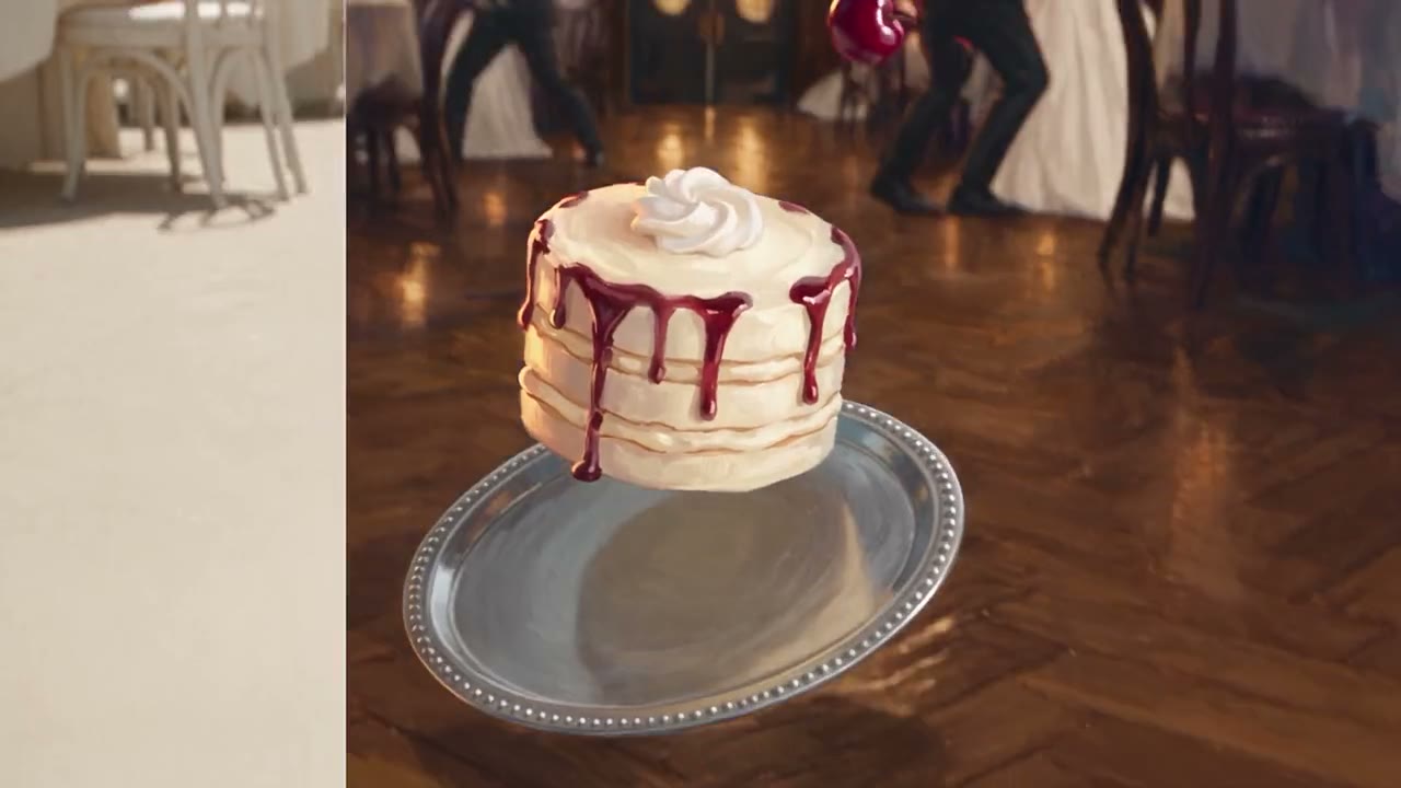 A stylized 3D waiter carrying a chocolate cake through a formal dining room, then a poolside wedding