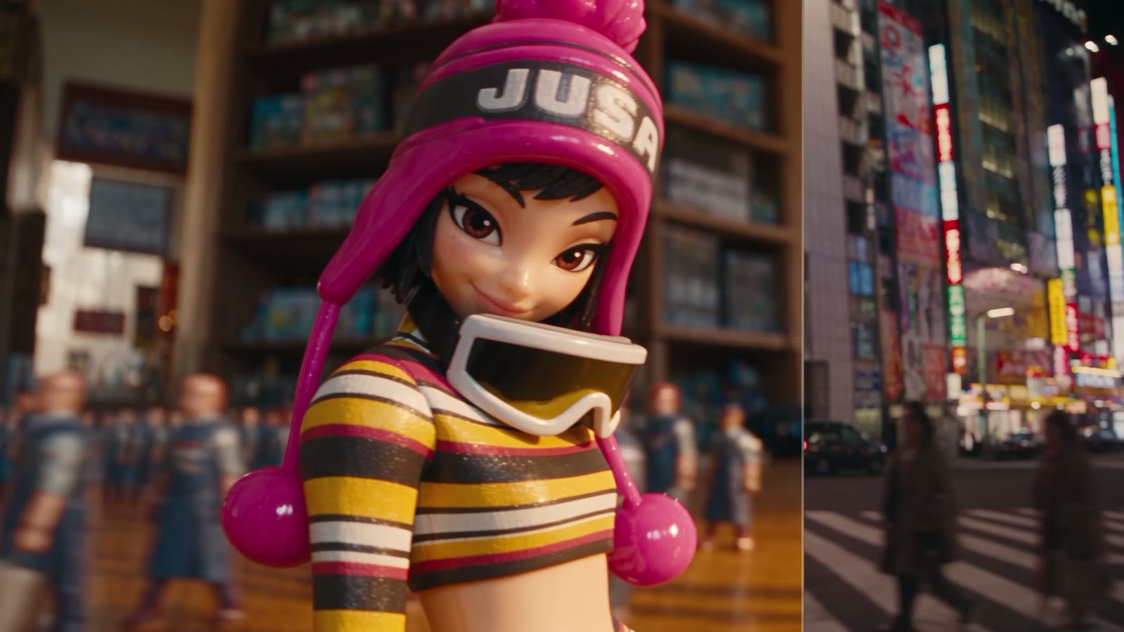 Stylized 3D character with pink hair and goggles skateboarding through a neon Tokyo crossing