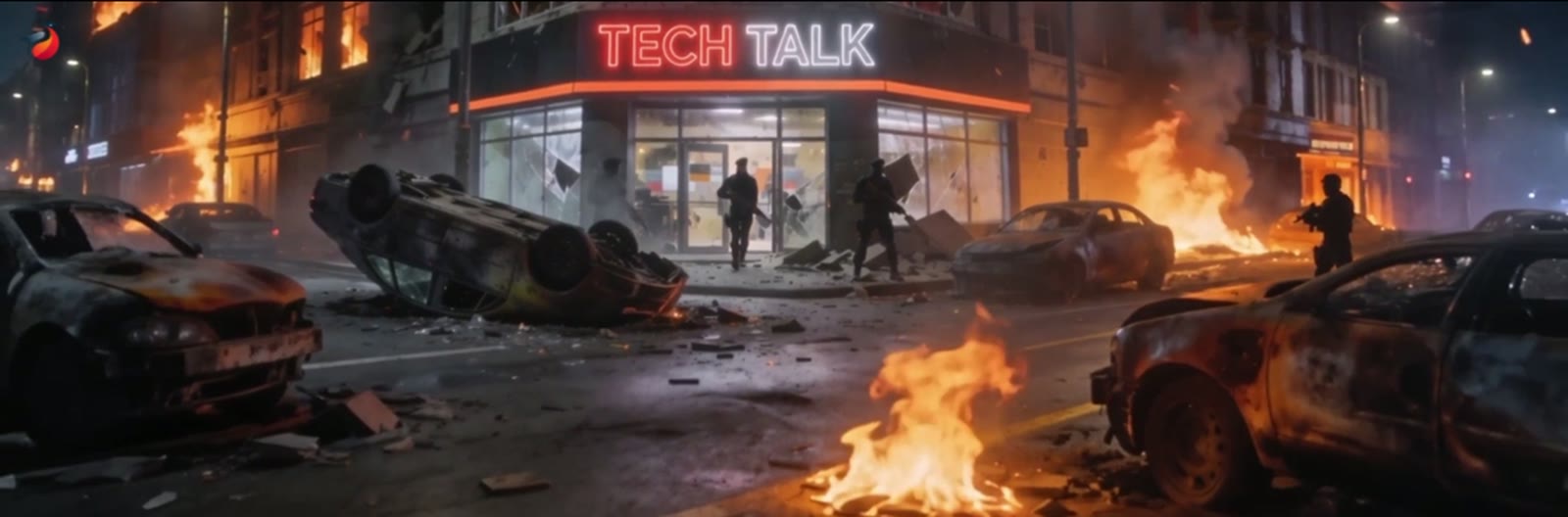 A burning city street at night with overturned cars, fire and armed figures outside a neon shopfront